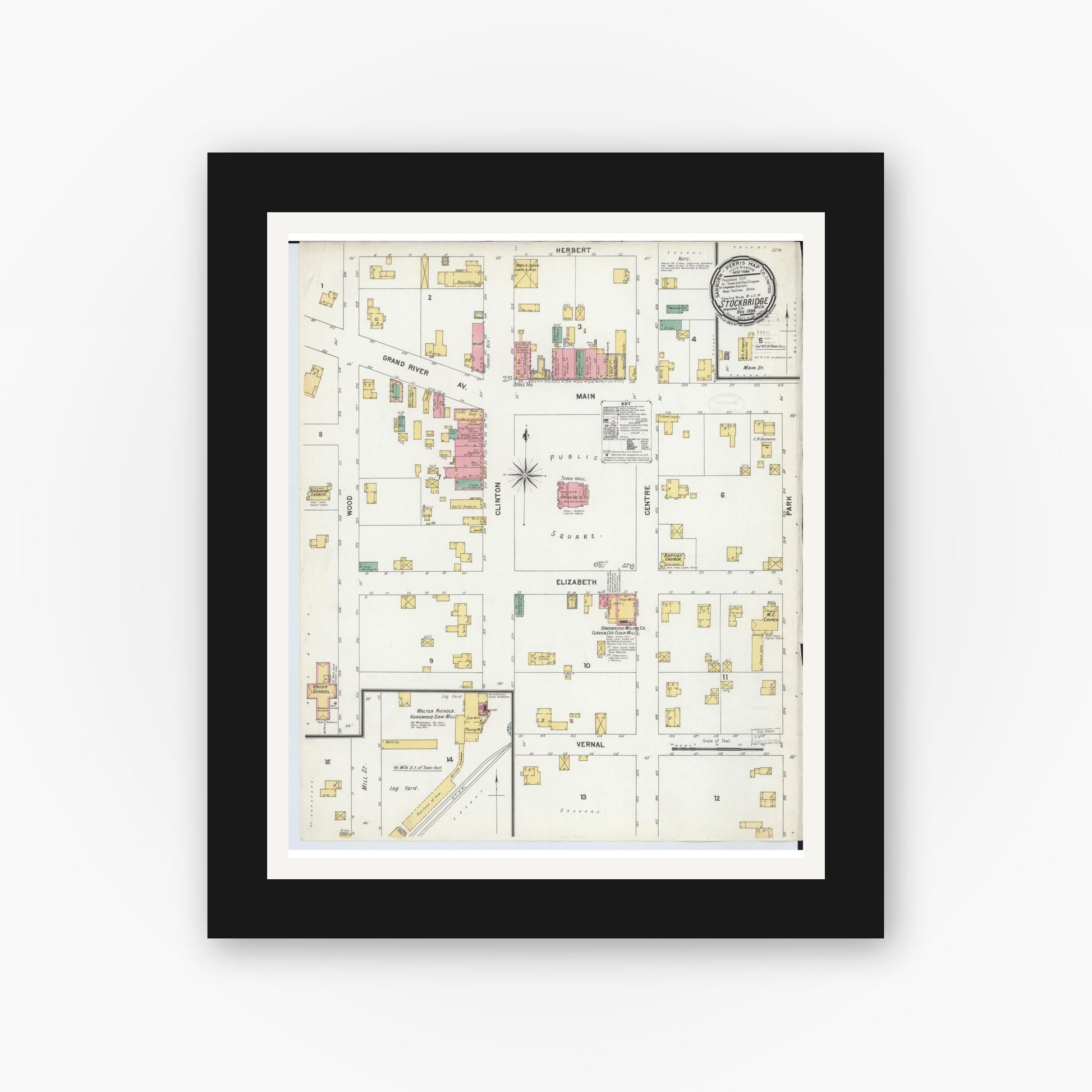 Old map wall art mockup — black gallery frame with white mat — Sanborn Fire Insurance Map from Stockbridge, Ingham County, Michigan (1899), Sheet #0001