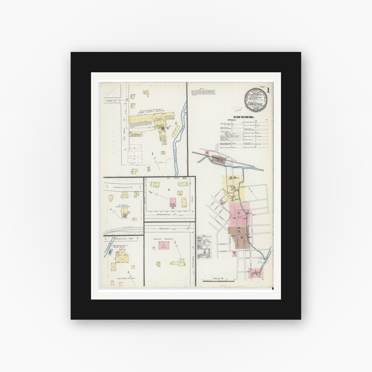 Old map wall art mockup — black gallery frame with white mat — Sanborn Fire Insurance Map from Canisteo, Steuben County, New York (1891) - Complete Map Set