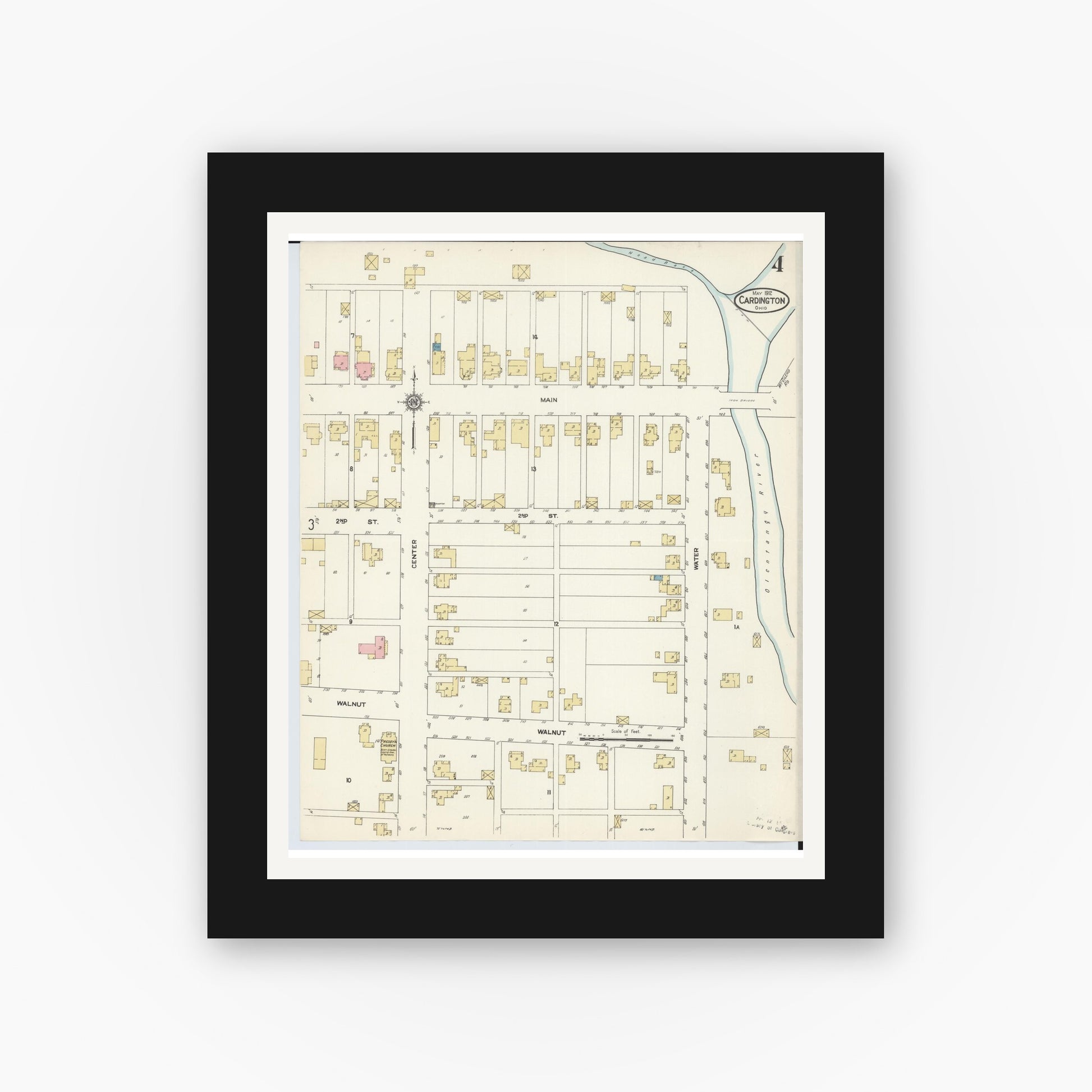 Old map wall art mockup — black gallery frame with white mat — Sanborn Fire Insurance Map from Cardington, Morrow County, Ohio (1912), Sheet #0004