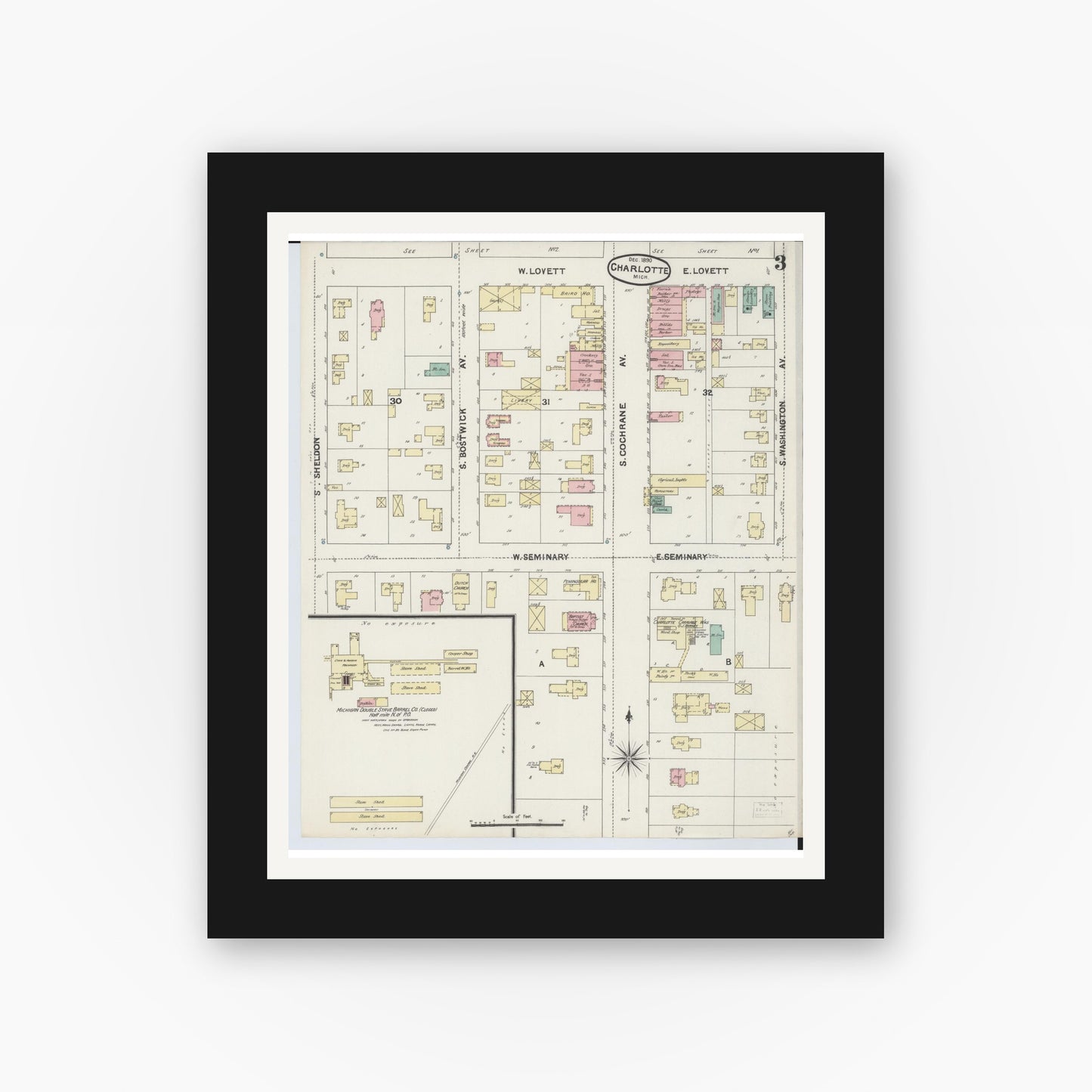Old map wall art mockup — black gallery frame with white mat — Sanborn Fire Insurance Map from Charlotte, Eaton County, Michigan (1890), Sheet #0003