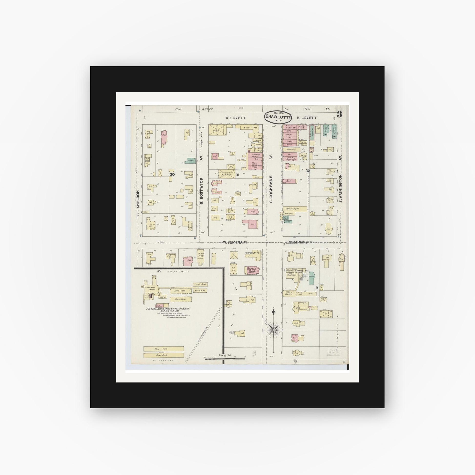 Old map wall art mockup — black gallery frame with white mat — Sanborn Fire Insurance Map from Charlotte, Eaton County, Michigan (1890), Sheet #0003