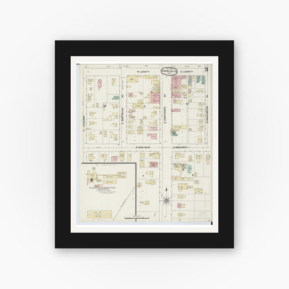 Old map wall art mockup — black gallery frame with white mat — Sanborn Fire Insurance Map from Charlotte, Eaton County, Michigan (1890), Sheet #0003