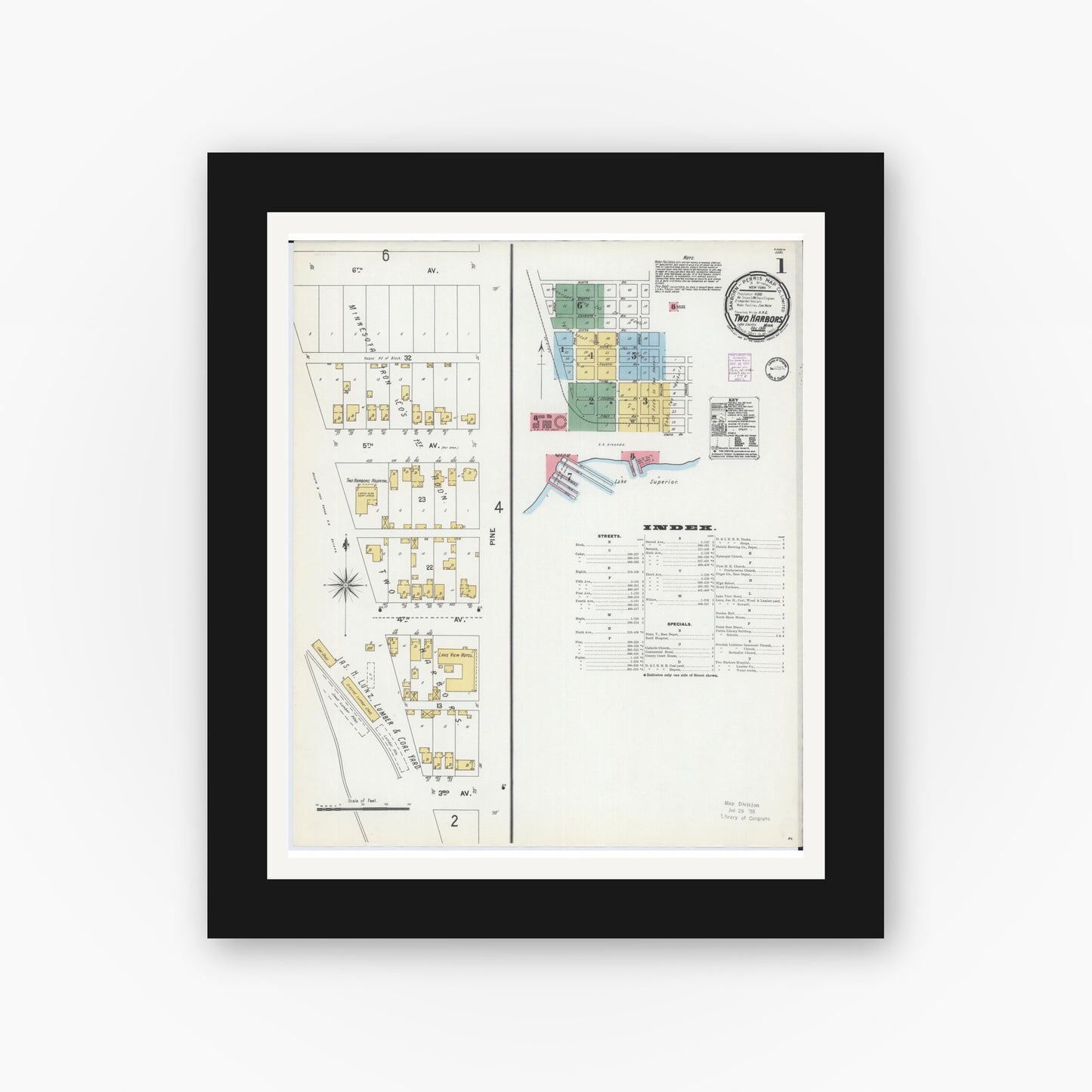 Old map wall art mockup — black gallery frame with white mat — Sanborn Fire Insurance Map from Two Harbors, Lake County, Minnesota (1901) - Complete Map Set