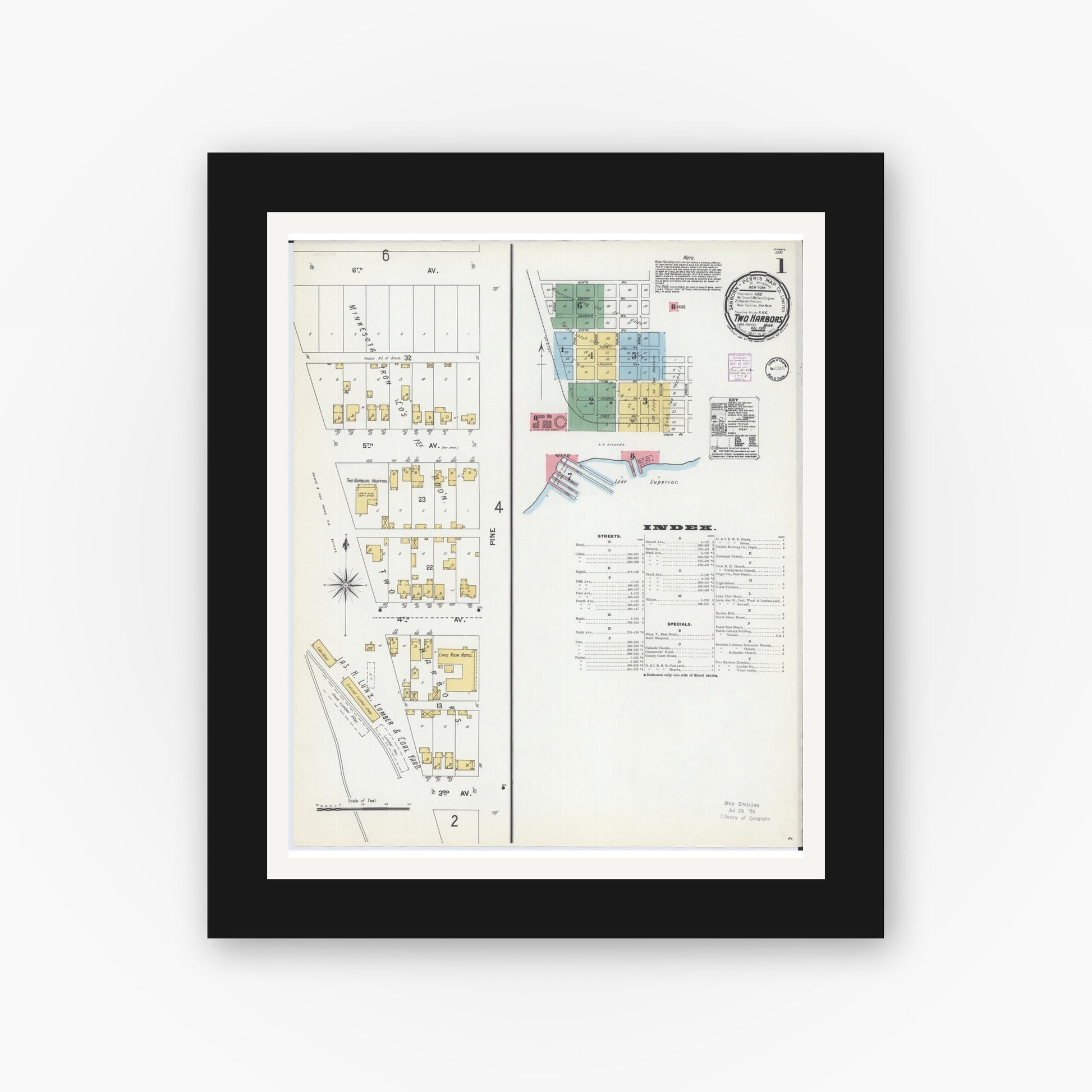 Old map wall art mockup — black gallery frame with white mat — Sanborn Fire Insurance Map from Two Harbors, Lake County, Minnesota (1901) - Complete Map Set