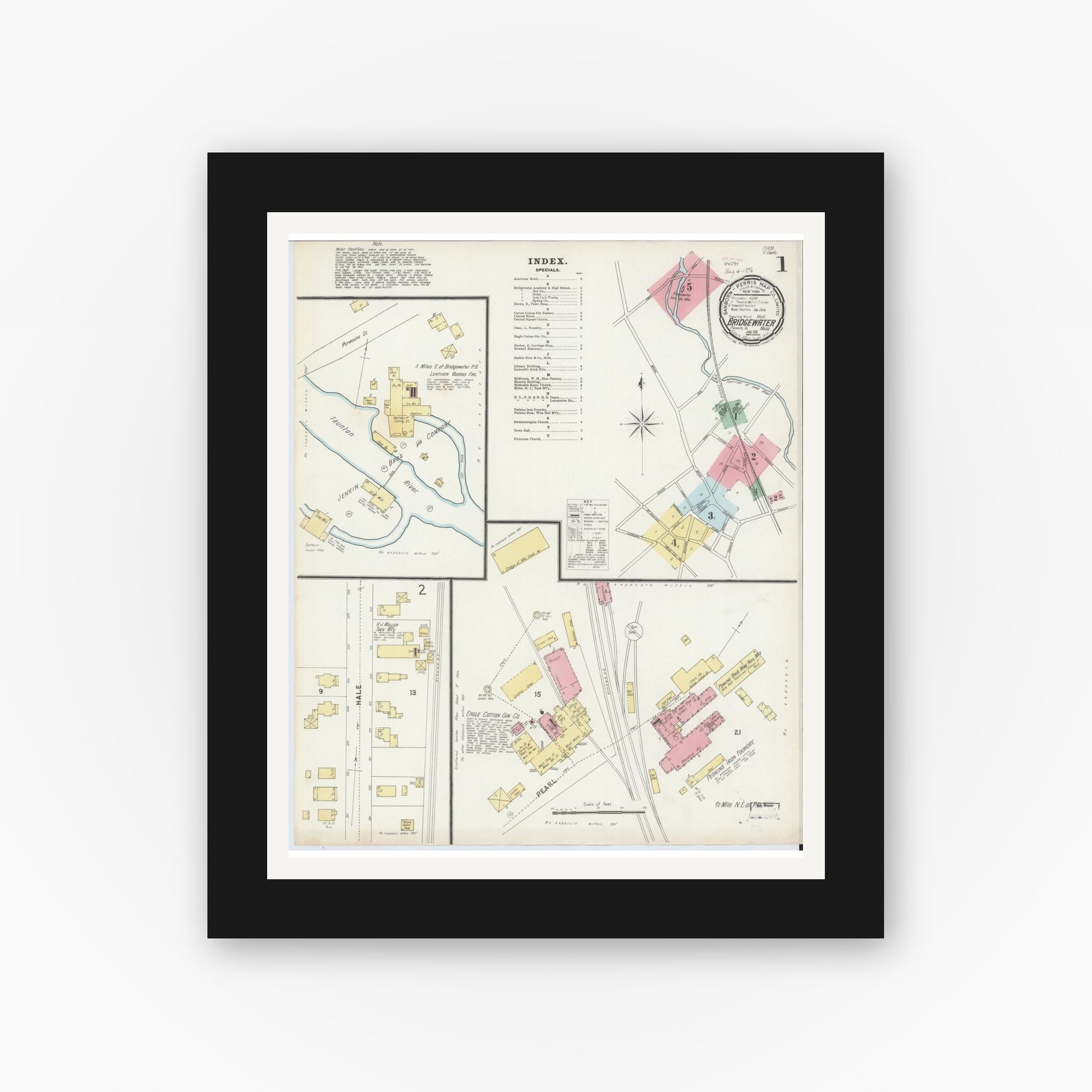 Old map wall art mockup — black gallery frame with white mat — Sanborn Fire Insurance Map from Bridgewater, Plymouth County, Massachusetts (1896) - Complete Map Set