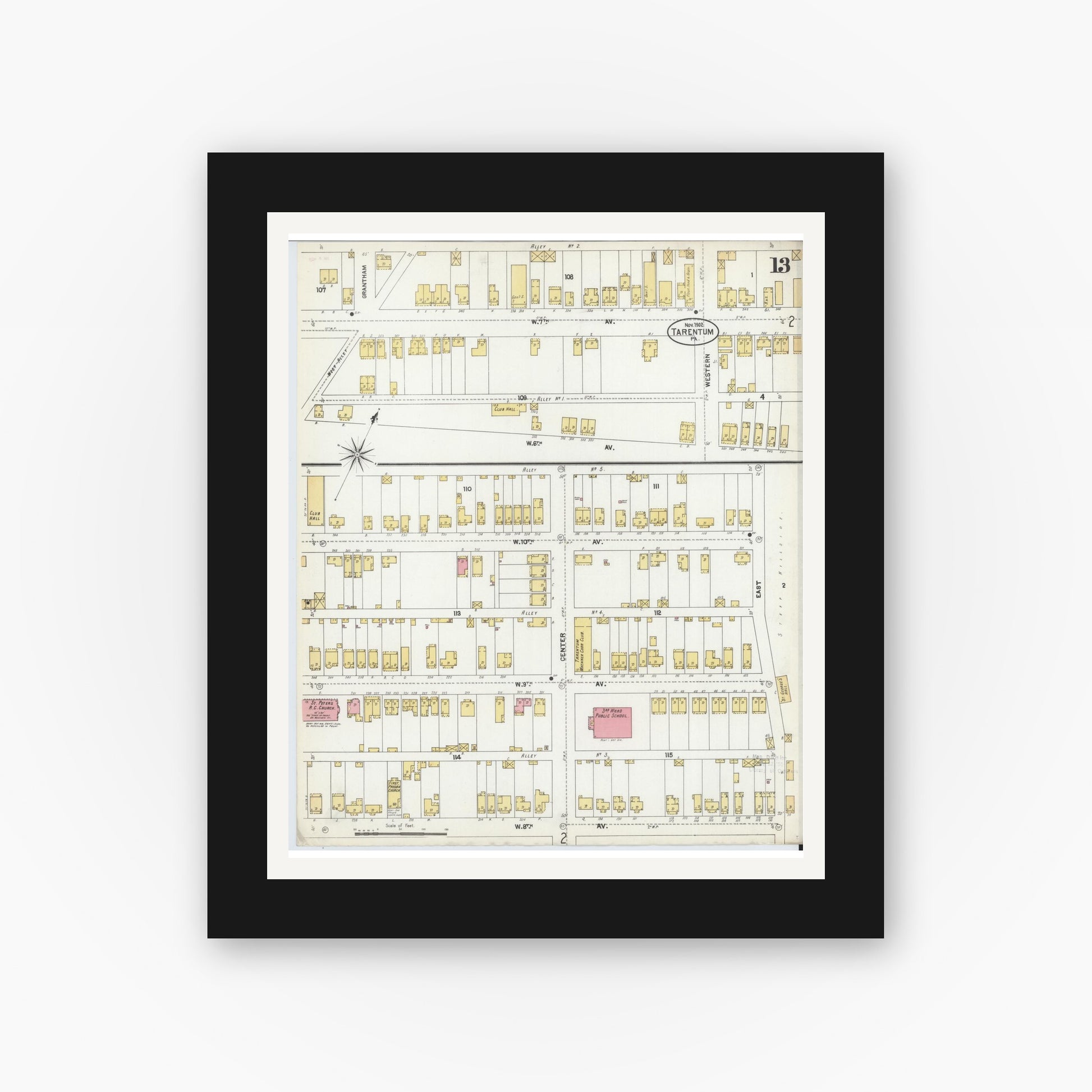 Old map wall art mockup — black gallery frame with white mat — Sanborn Fire Insurance Map from Tarentum, Allegheny County, Pennsylvania (1902), Sheet #0013