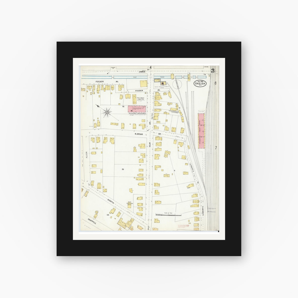 Old map wall art mockup — black gallery frame with white mat — Sanborn Fire Insurance Map from Oneida, Madison County, New York (1904), Sheet #0002