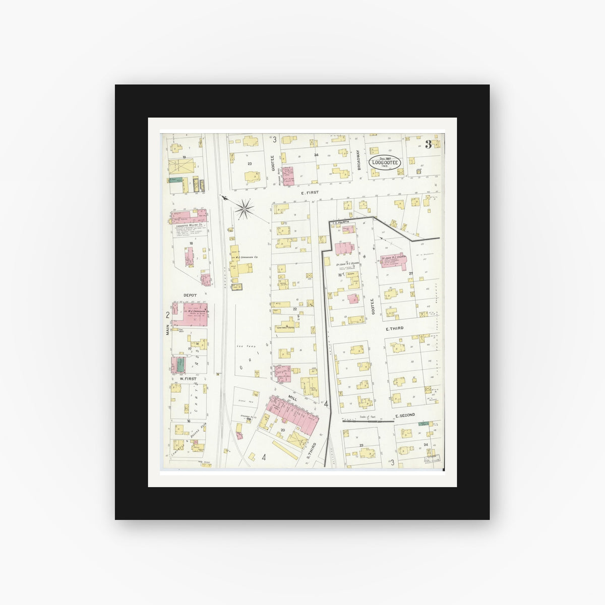 Old map wall art mockup — black gallery frame with white mat — Sanborn Fire Insurance Map from Loogootee, Martin County, Indiana (1907), Sheet #0003