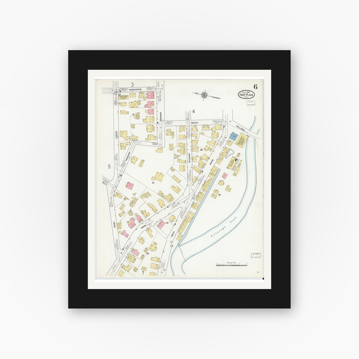 Old map wall art mockup — black gallery frame with white mat — Sanborn Fire Insurance Map from Fort Plain, Montgomery County, New York (1912), Sheet #0006