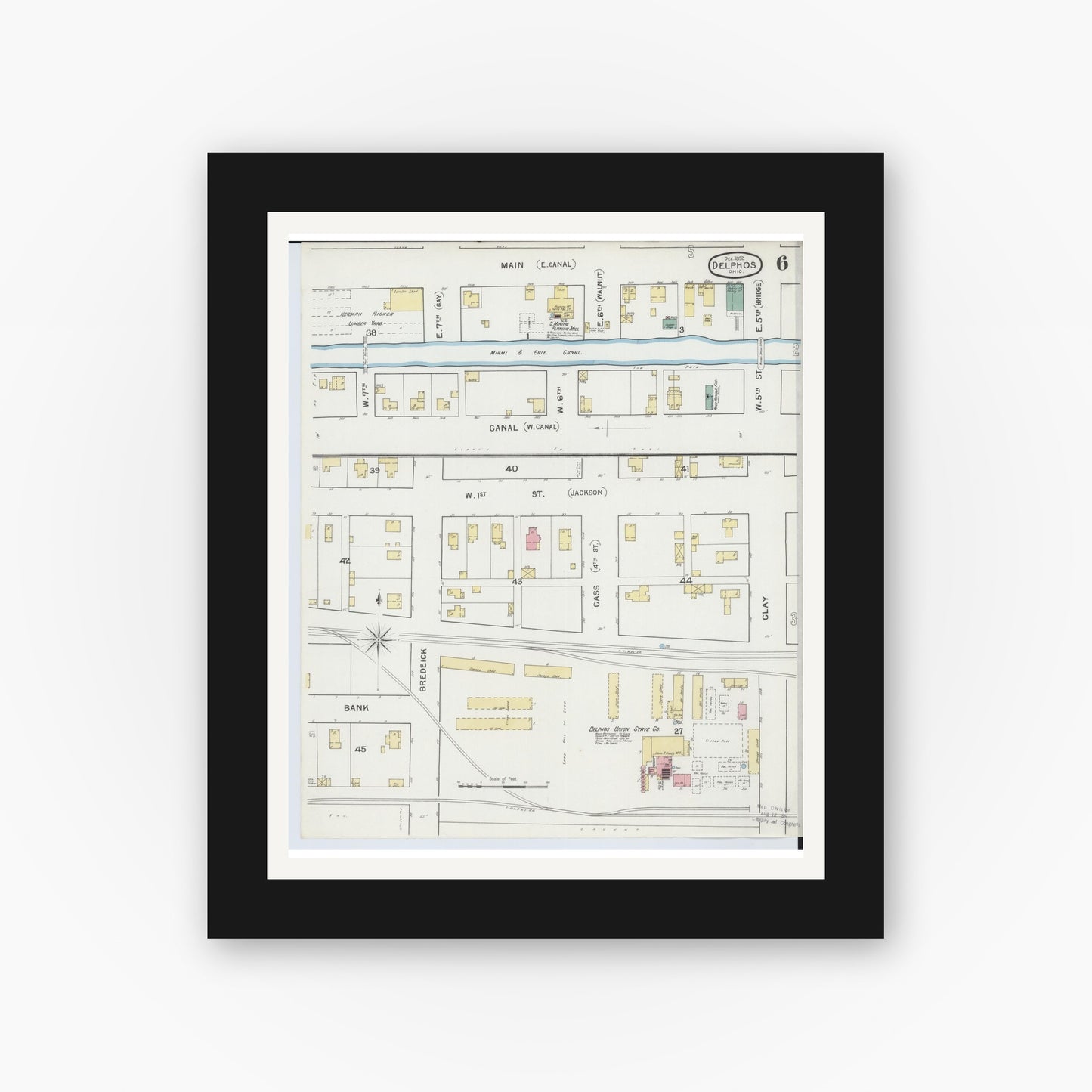 Old map wall art mockup — black gallery frame with white mat — Sanborn Fire Insurance Map from Delphos, Van Wert And Allen Counties, Ohio (1892), Sheet #0006