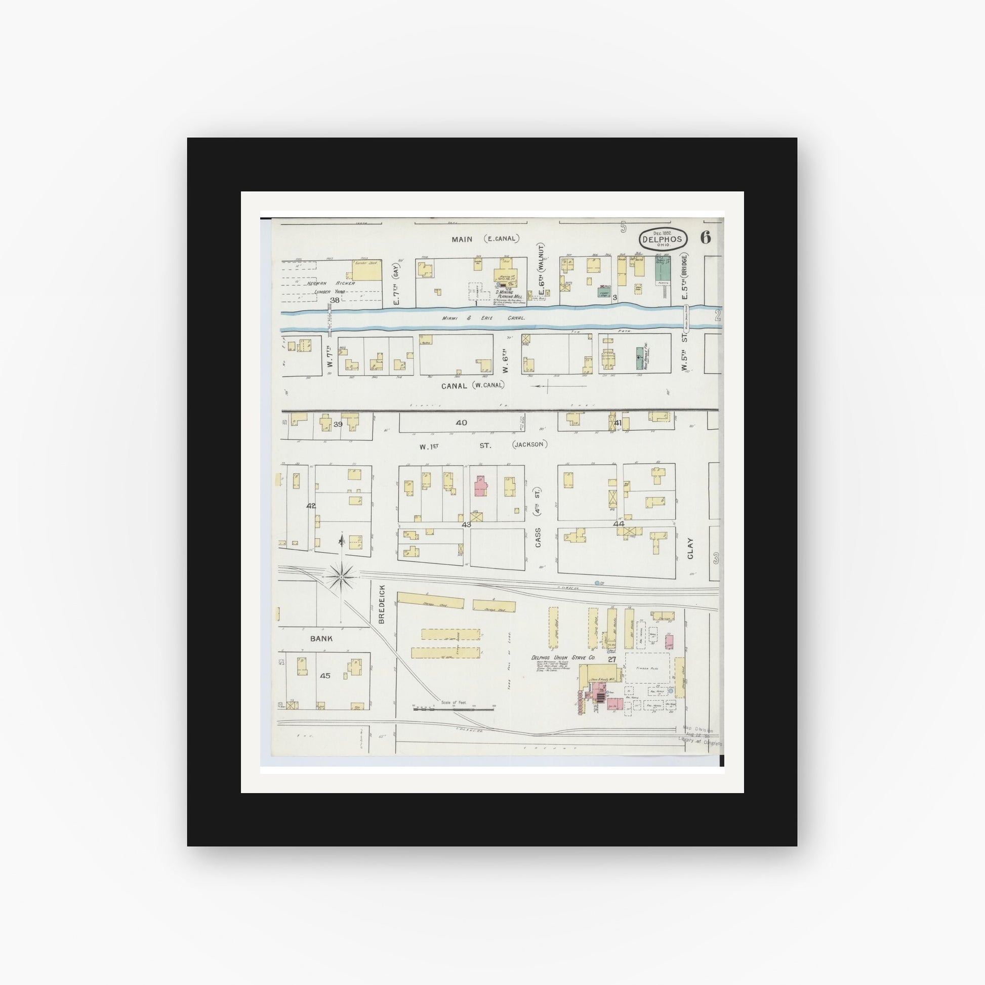 Old map wall art mockup — black gallery frame with white mat — Sanborn Fire Insurance Map from Delphos, Van Wert And Allen Counties, Ohio (1892), Sheet #0006