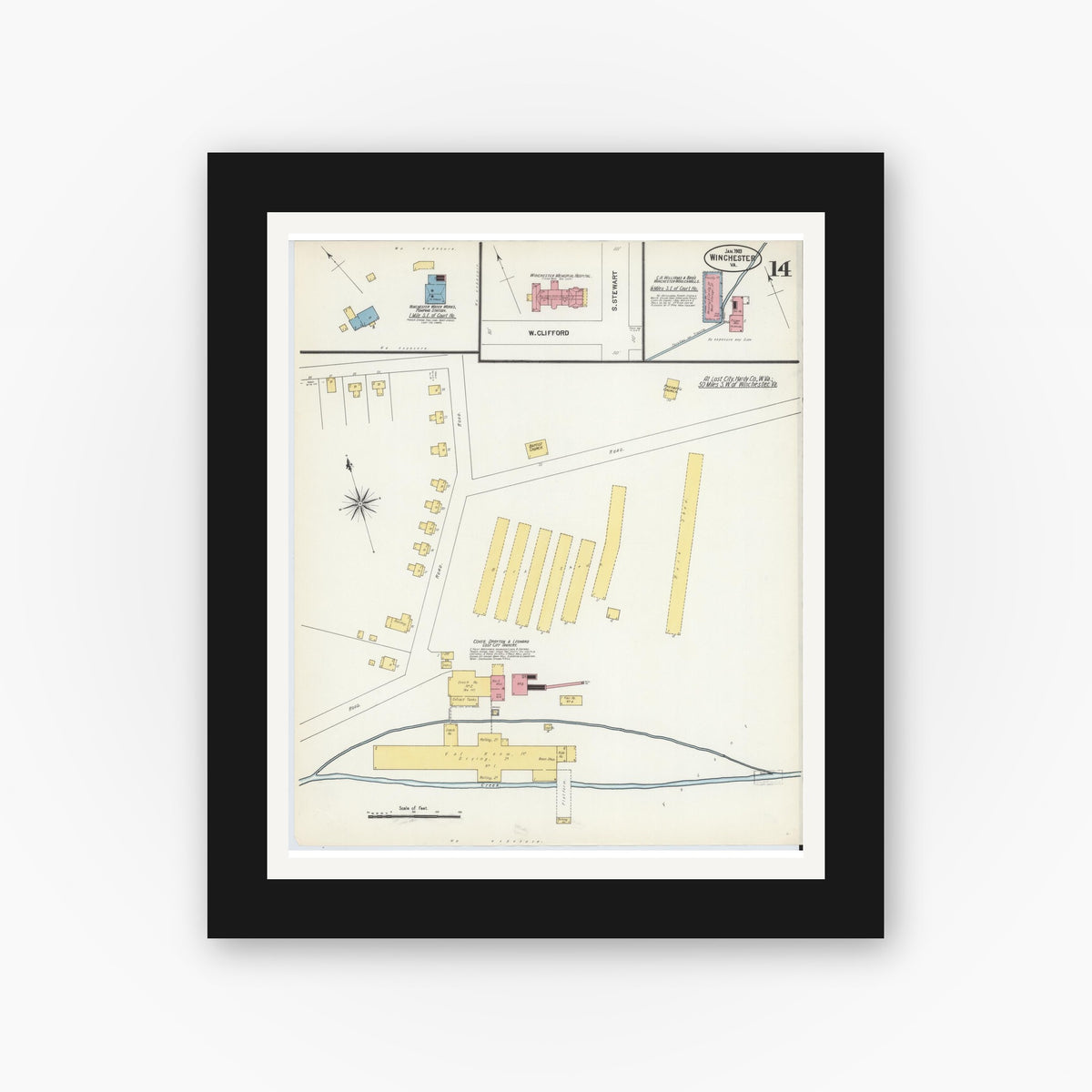 Old map wall art mockup — black gallery frame with white mat — Sanborn Fire Insurance Map from Winchester, Independent Cities, Virginia (1903), Sheet #0014