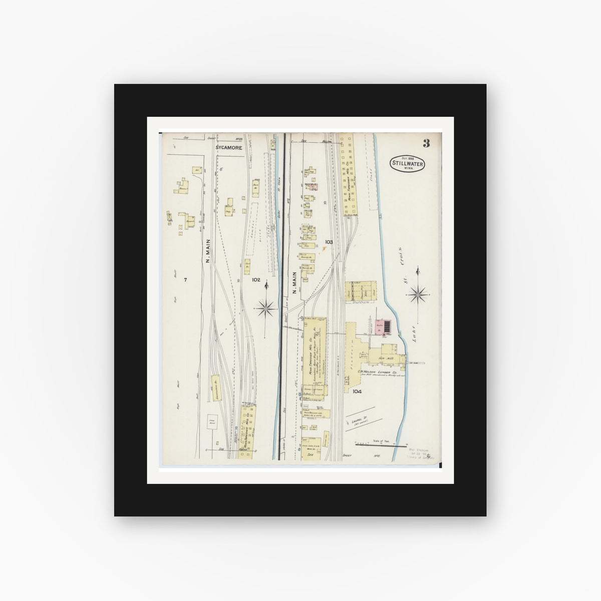 Old map wall art mockup — black gallery frame with white mat — Sanborn Fire Insurance Map from Stillwater, Washington County, Minnesota (1888), Sheet #0003