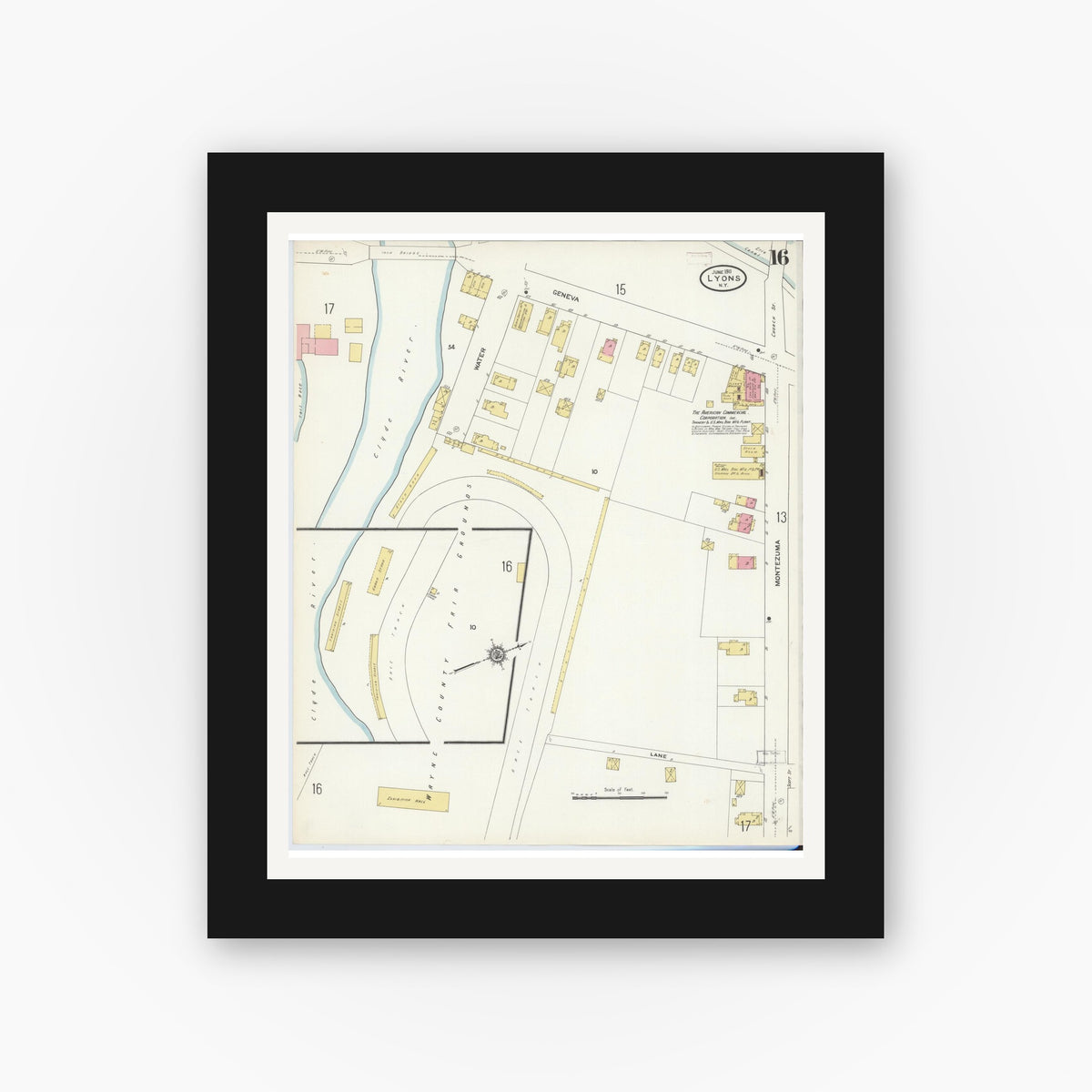 Old map wall art mockup — black gallery frame with white mat — Sanborn Fire Insurance Map from Lyons, Wayne County, New York (1911), Sheet #0016
