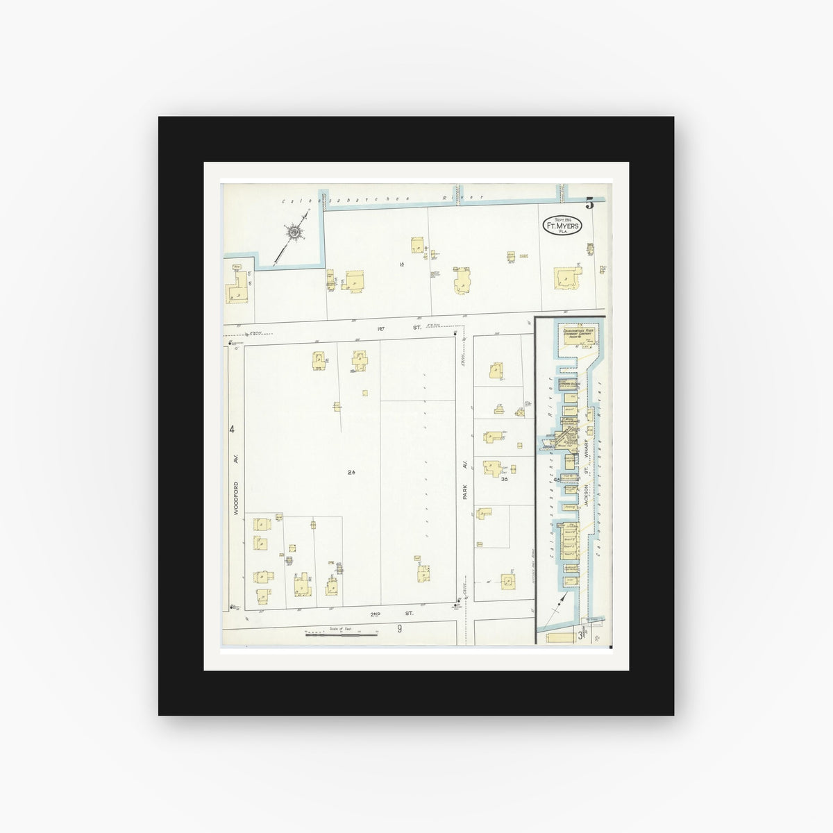 Old map wall art mockup — black gallery frame with white mat — Sanborn Fire Insurance Map from Fort Myers, Lee County, Florida (1914), Sheet #0005