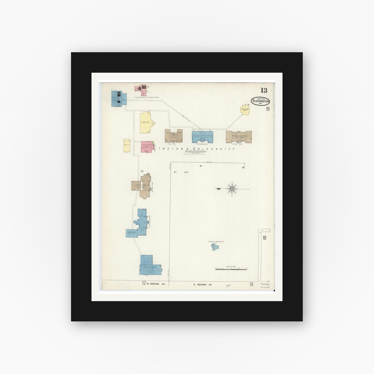 Old map wall art mockup — black gallery frame with white mat — Sanborn Fire Insurance Map from Bloomington, Monroe County, Indiana (1907), Sheet #0013