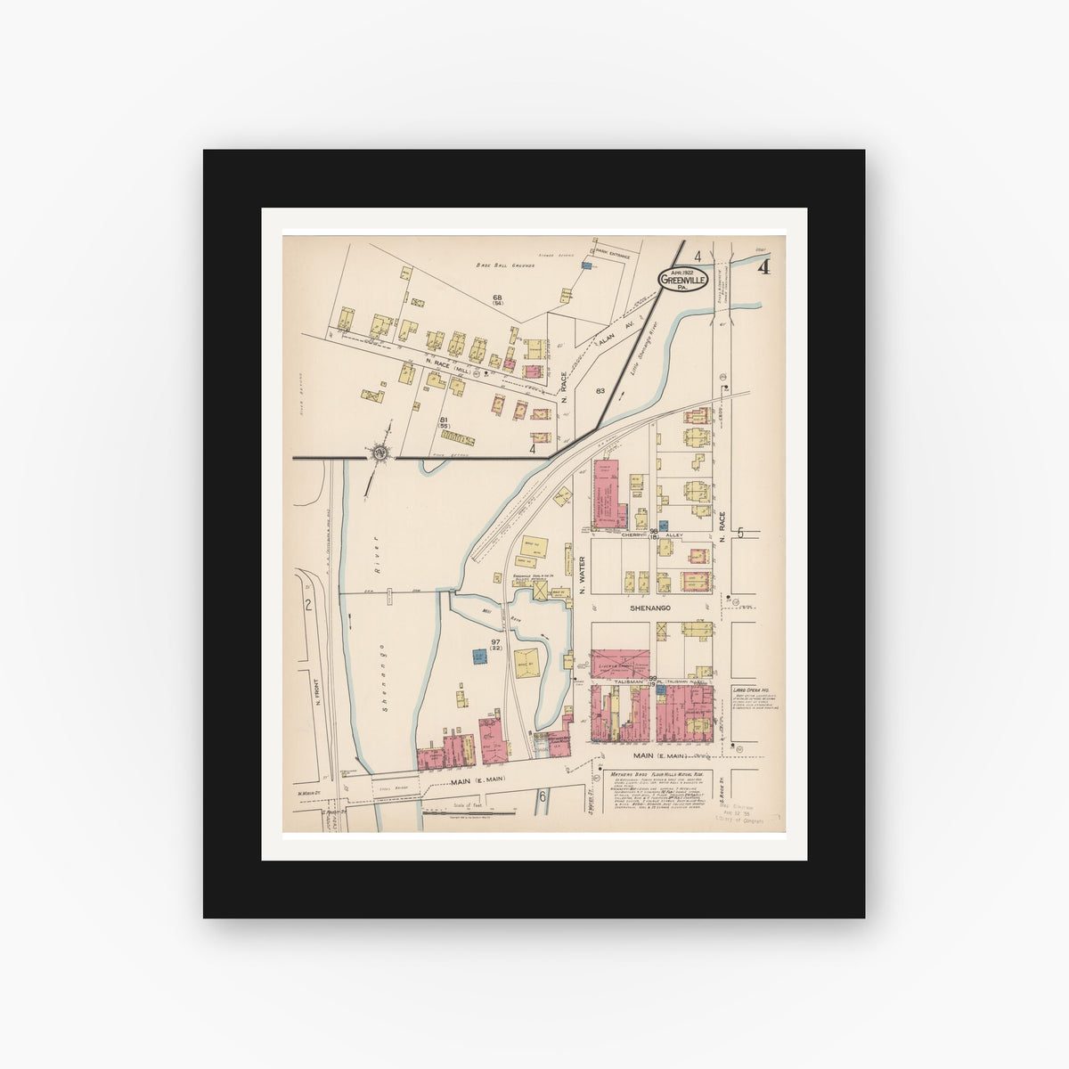 Old map wall art mockup — black gallery frame with white mat — Sanborn Fire Insurance Map from Greenville, Mercer County, Pennsylvania (1922), Sheet #0004