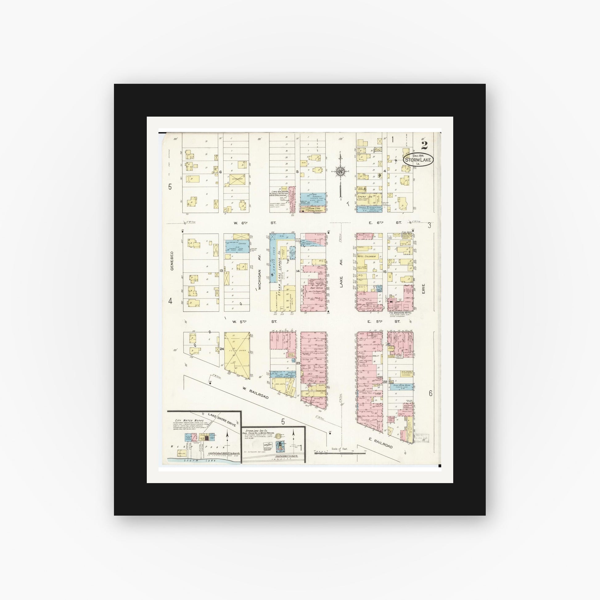 Old map wall art mockup — black gallery frame with white mat — Sanborn Fire Insurance Map from Storm Lake, Buena Vista County, Iowa (1914), Sheet #0002