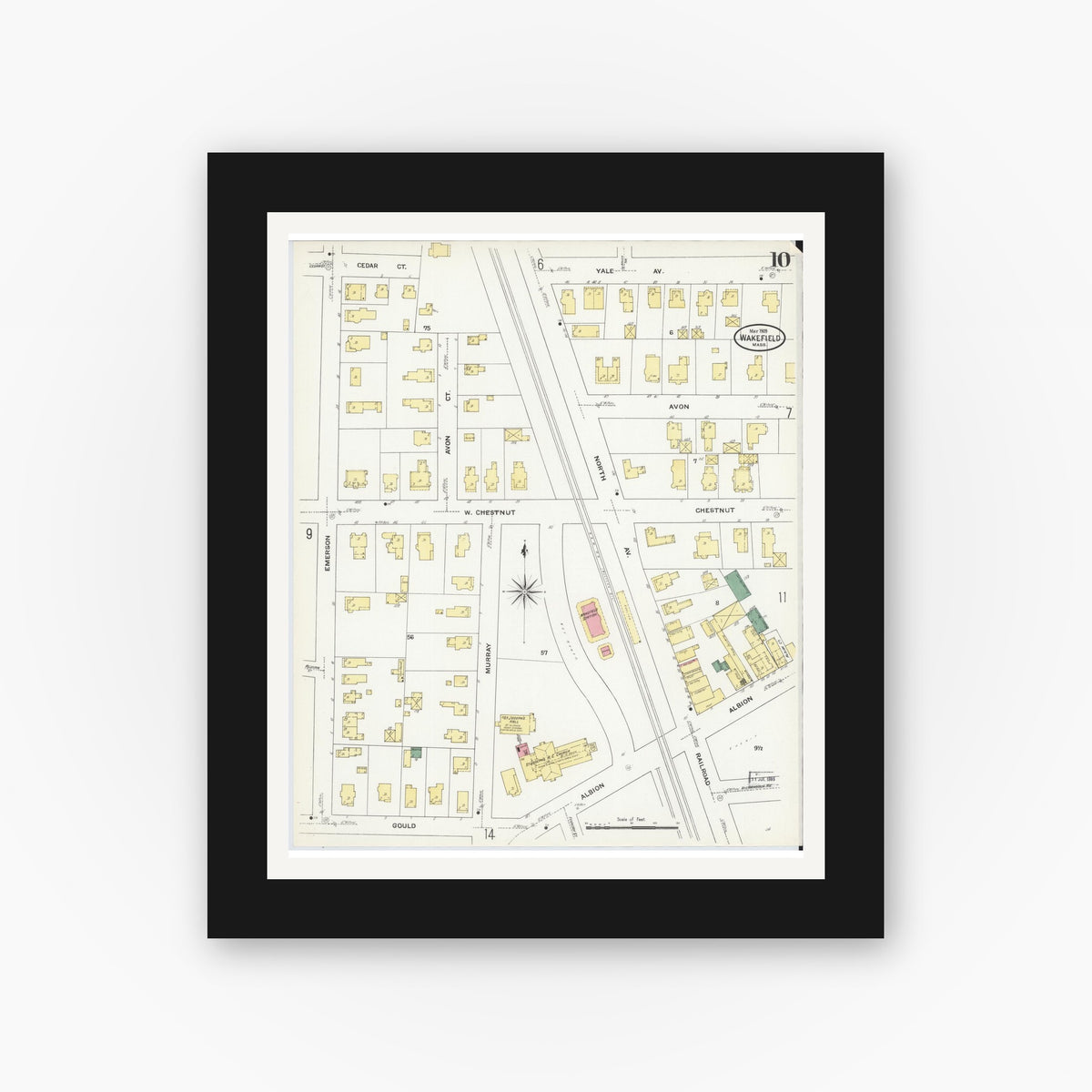 Old map wall art mockup — black gallery frame with white mat — Sanborn Fire Insurance Map from Wakefield, Middlesex County, Massachusetts (1909), Sheet #0010