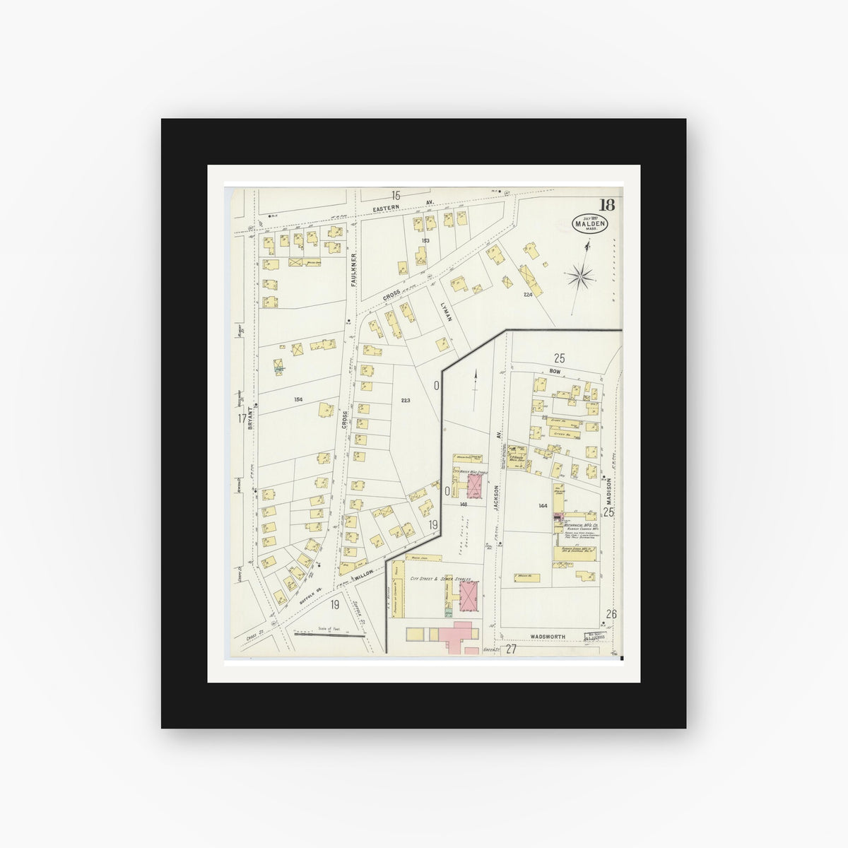 Old map wall art mockup — black gallery frame with white mat — Sanborn Fire Insurance Map from Malden, Middlesex County, Massachusetts (1897), Sheet #0018