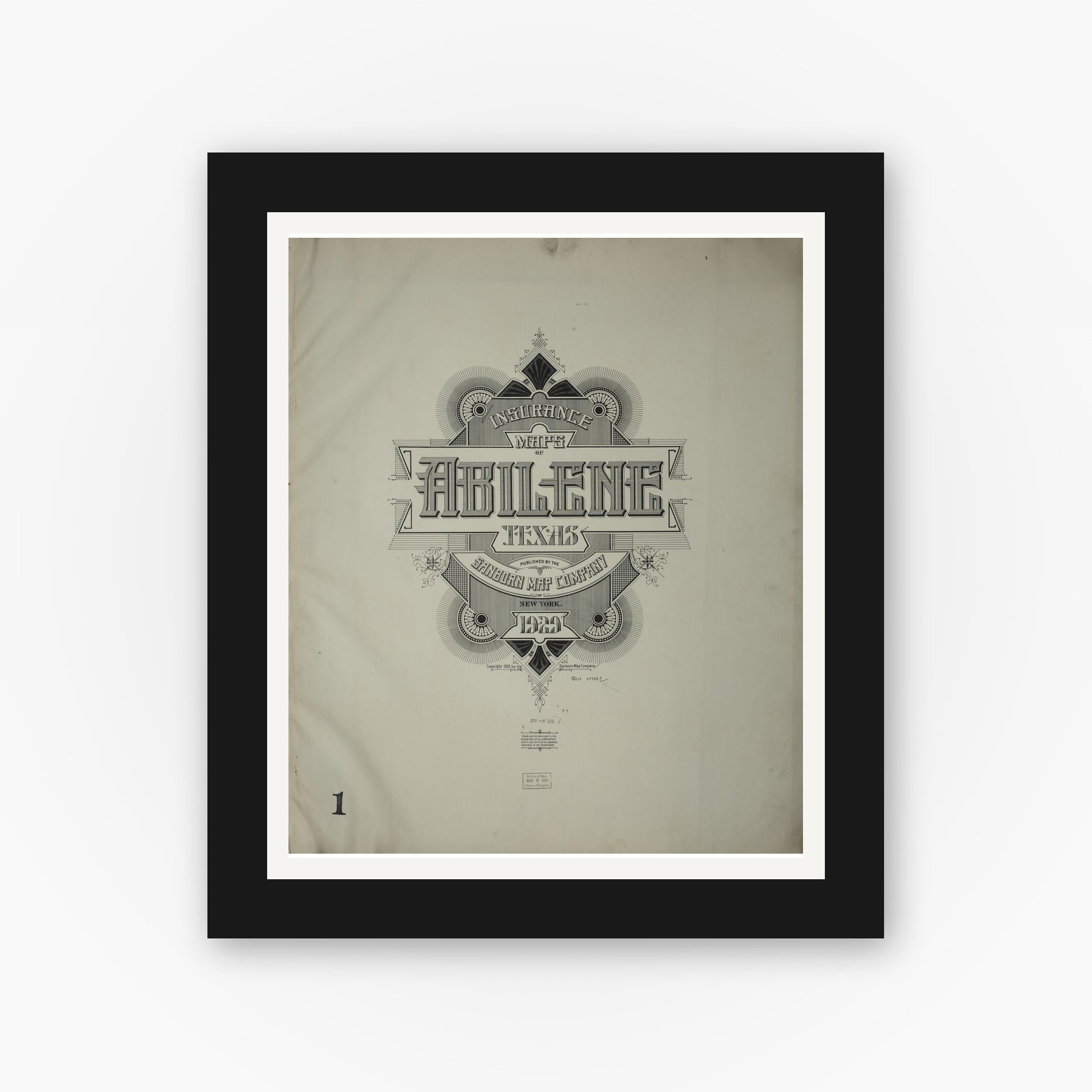 Old map wall art mockup — black gallery frame with white mat — Sanborn Fire Insurance Map from Abilene, Taylor County, Texas (1929), Sheet #0001