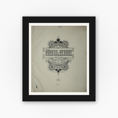 Old map wall art mockup — black gallery frame with white mat — Sanborn Fire Insurance Map from Abilene, Taylor County, Texas (1929), Sheet #0001