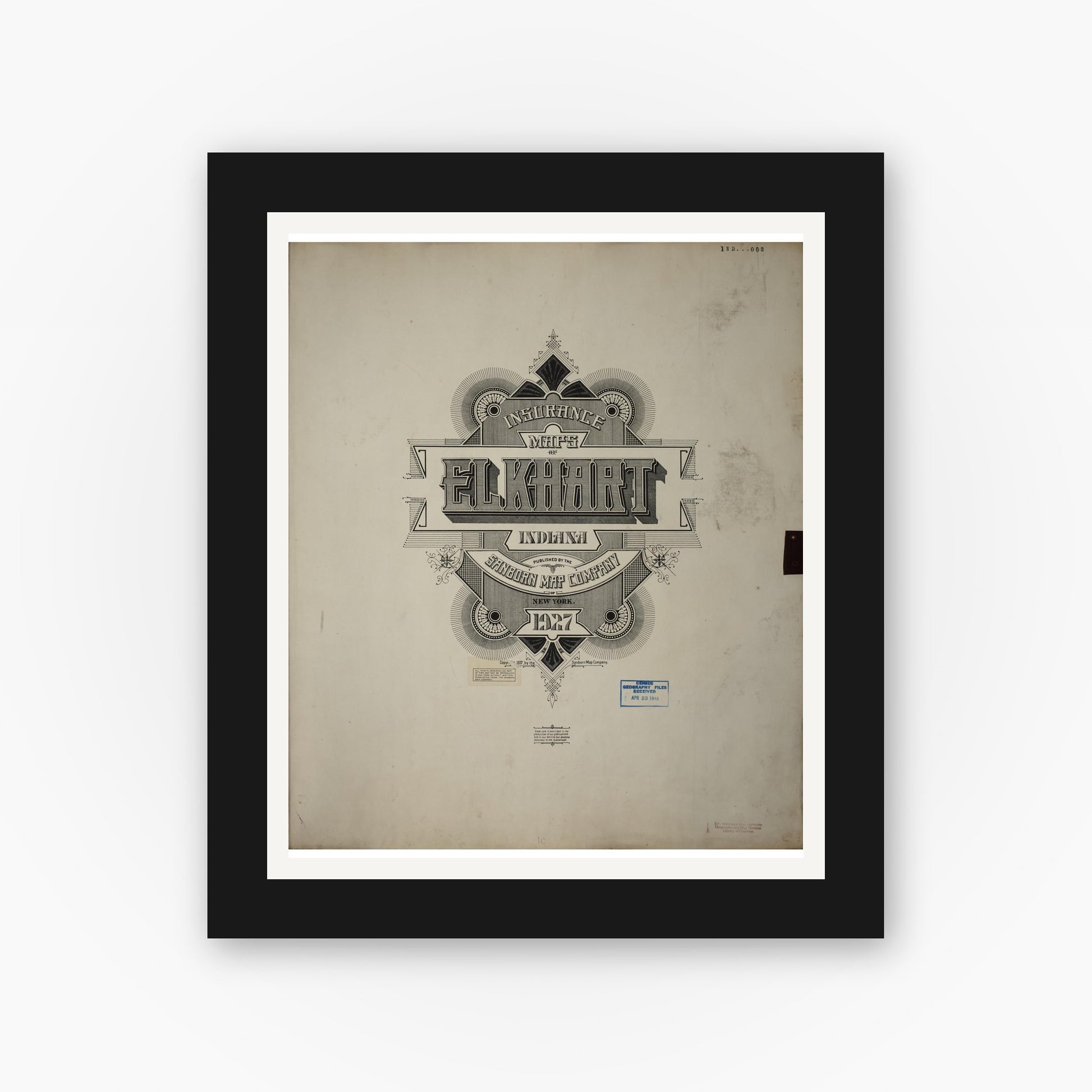 Old map wall art mockup — black gallery frame with white mat — Sanborn Fire Insurance Map from Elkhart, Elkhart County, Indiana (1950), Sheet #0001