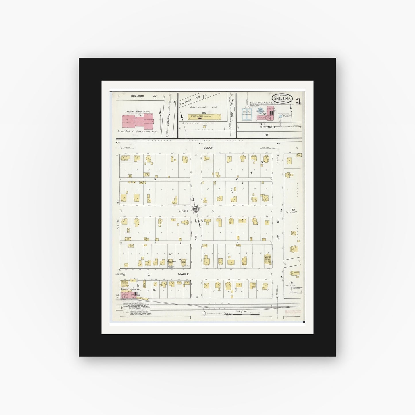 Old map wall art mockup — black gallery frame with white mat — Sanborn Fire Insurance Map from Shelbina, Shelby County, Missouri (1916), Sheet #0003
