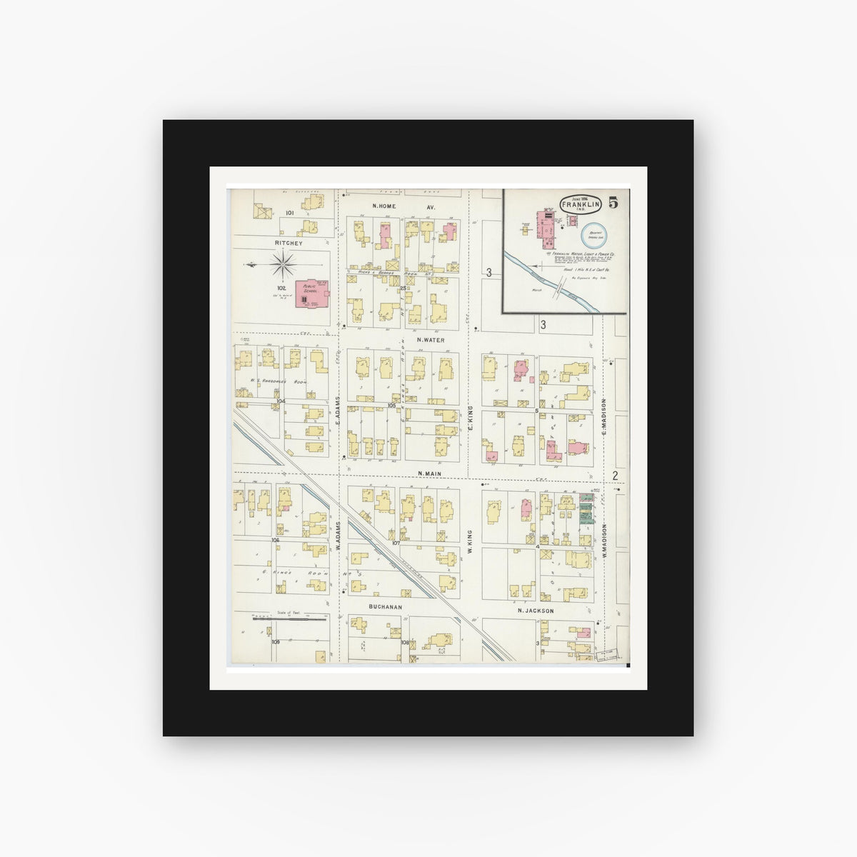 Old map wall art mockup — black gallery frame with white mat — Sanborn Fire Insurance Map from Franklin, Johnson County, Indiana (1896), Sheet #0005