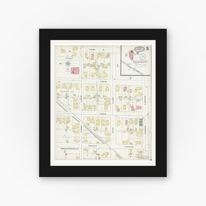 Old map wall art mockup — black gallery frame with white mat — Sanborn Fire Insurance Map from Franklin, Johnson County, Indiana (1896), Sheet #0005