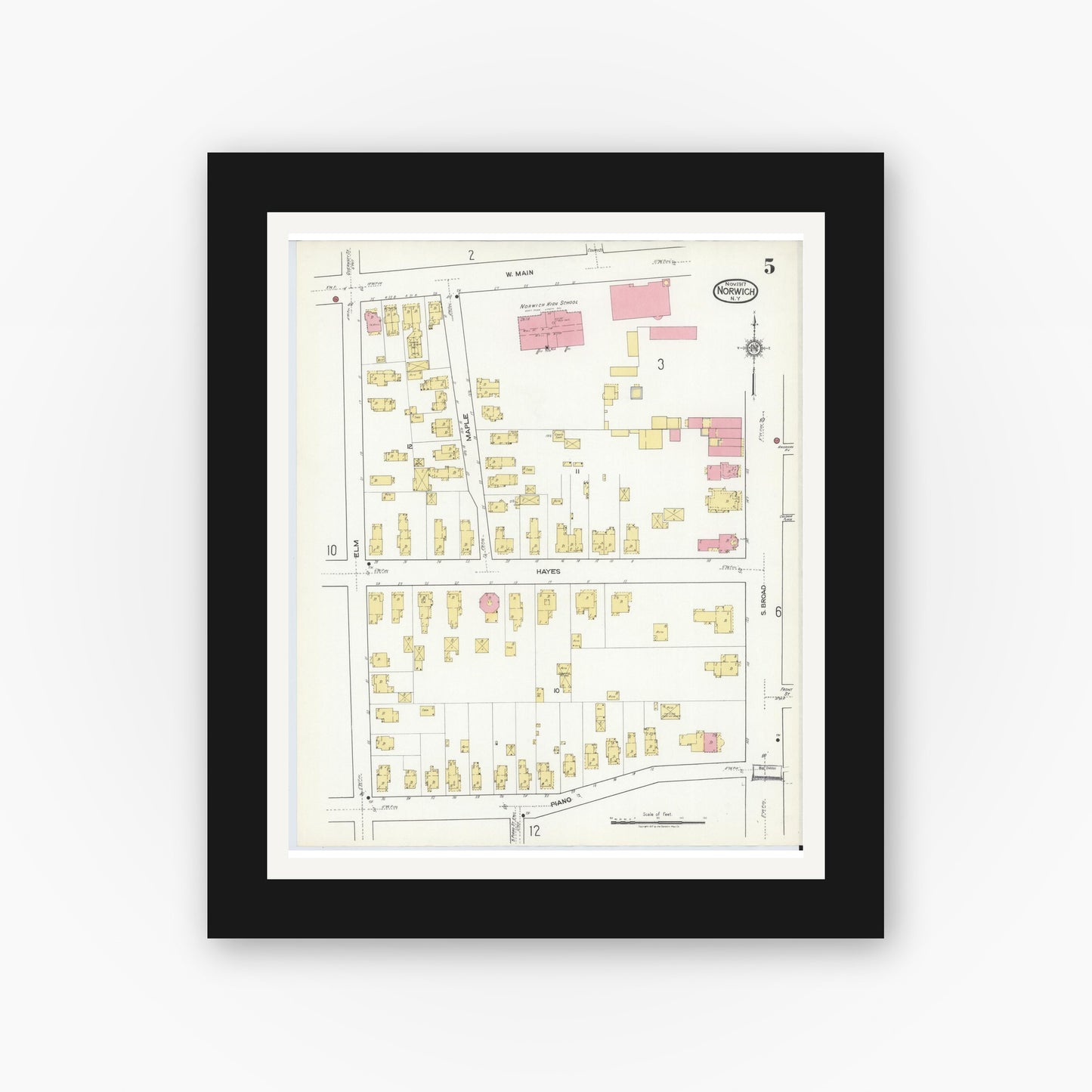 Old map wall art mockup — black gallery frame with white mat — Sanborn Fire Insurance Map from Norwich, Chenango County, New York (1917), Sheet #0005