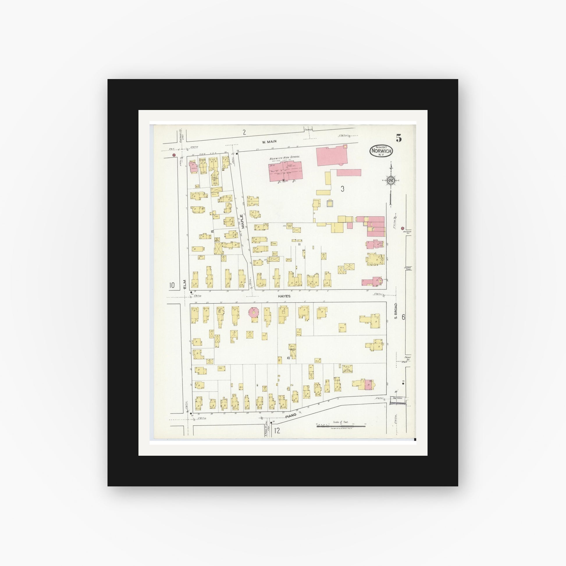 Old map wall art mockup — black gallery frame with white mat — Sanborn Fire Insurance Map from Norwich, Chenango County, New York (1917), Sheet #0005