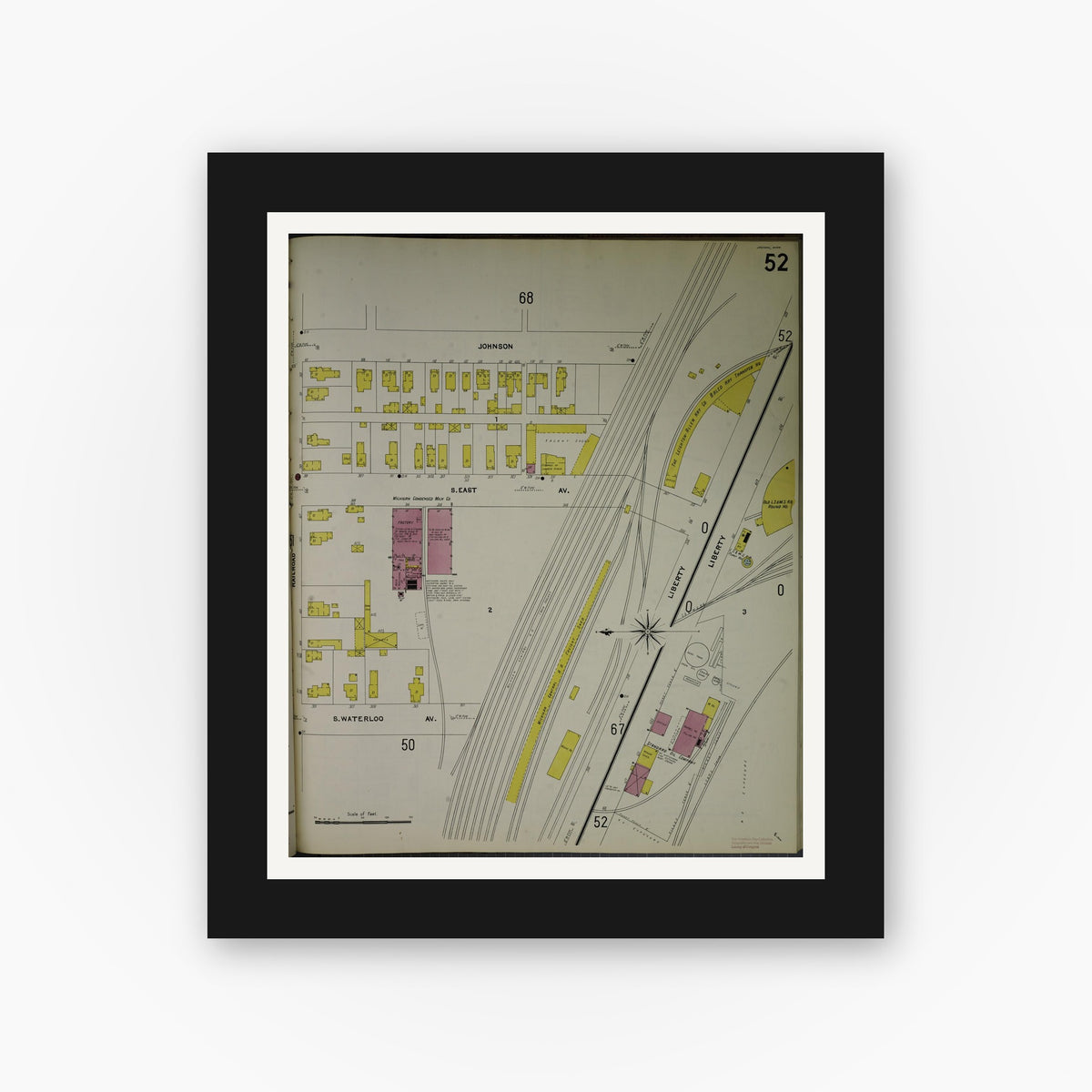 Old map wall art mockup — black gallery frame with white mat — Sanborn Fire Insurance Map from Jackson, Jackson County, Michigan (1907), Sheet #0052