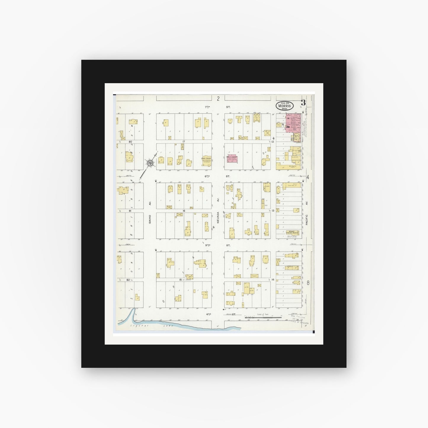 Old map wall art mockup — black gallery frame with white mat — Sanborn Fire Insurance Map from Morris, Stevens County, Minnesota (1915), Sheet #0003