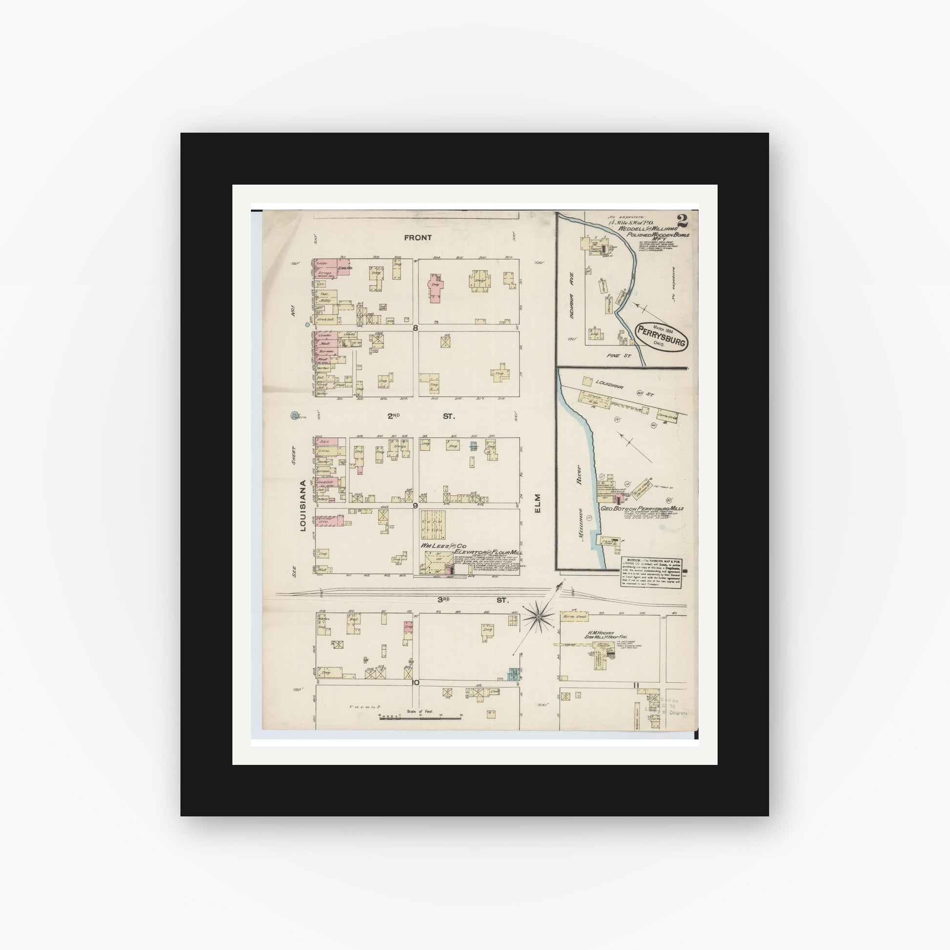 Old map wall art mockup — black gallery frame with white mat — Sanborn Fire Insurance Map from Perrysburg, Wood County, Ohio (1884), Sheet #0002