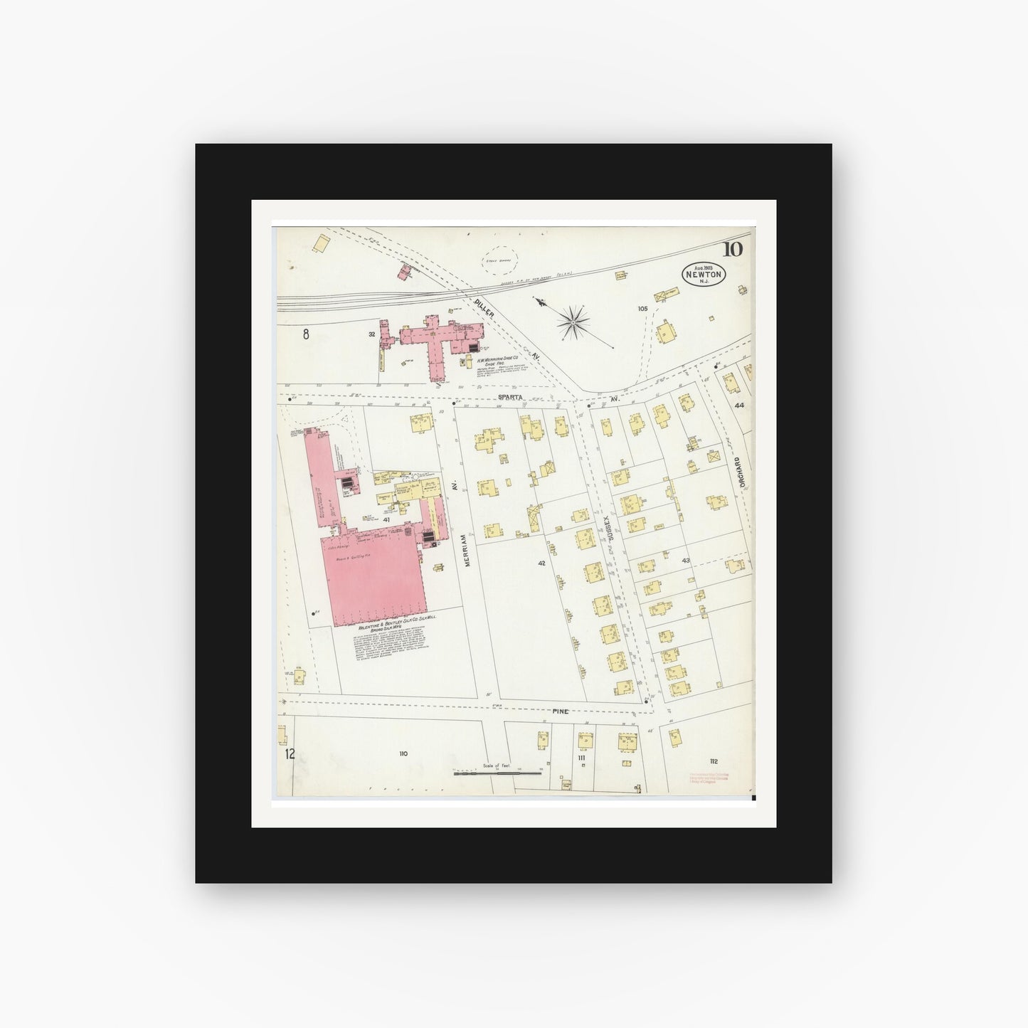Old map wall art mockup — black gallery frame with white mat — Sanborn Fire Insurance Map from Newton, Sussex County, New Jersey (1903), Sheet #0010