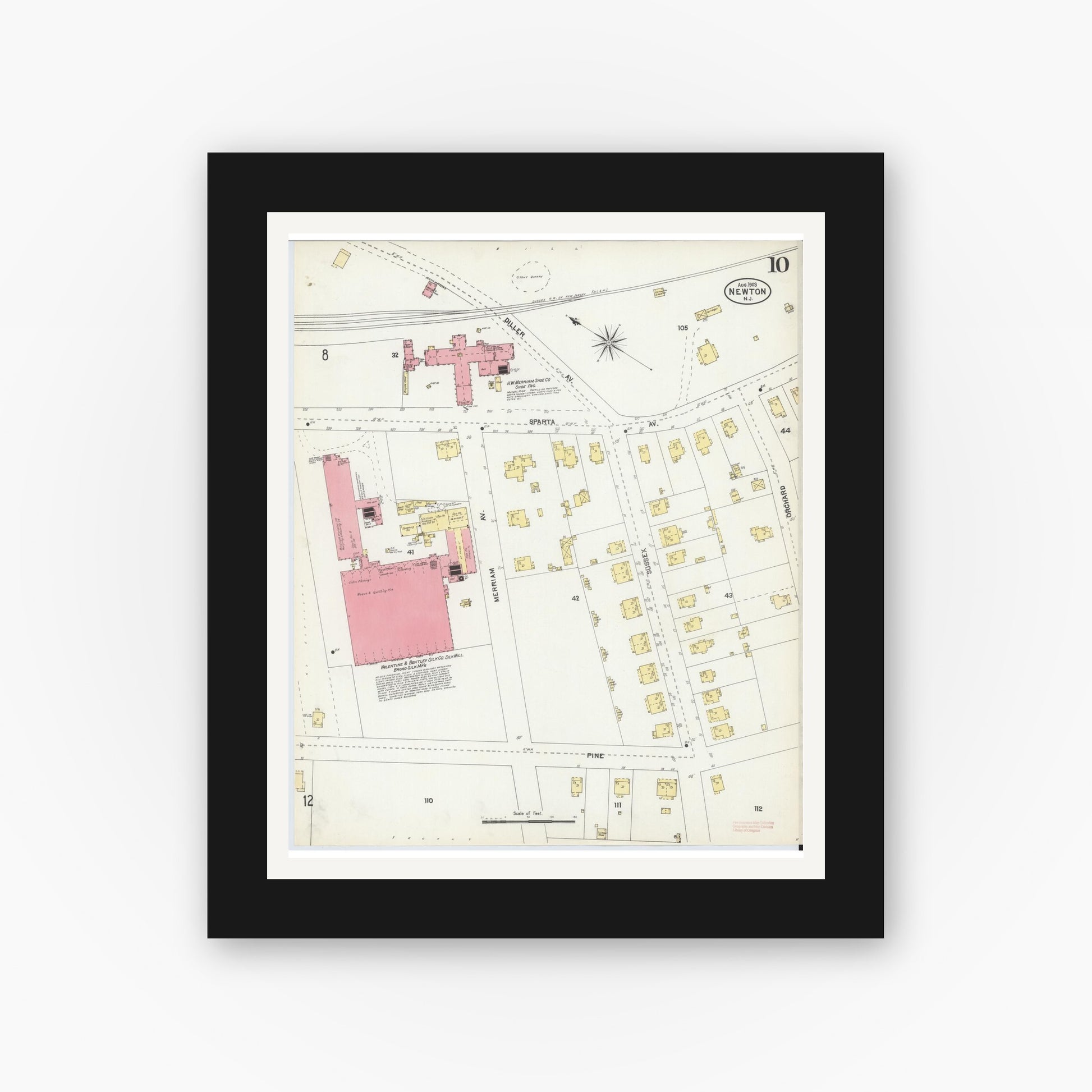 Old map wall art mockup — black gallery frame with white mat — Sanborn Fire Insurance Map from Newton, Sussex County, New Jersey (1903), Sheet #0010