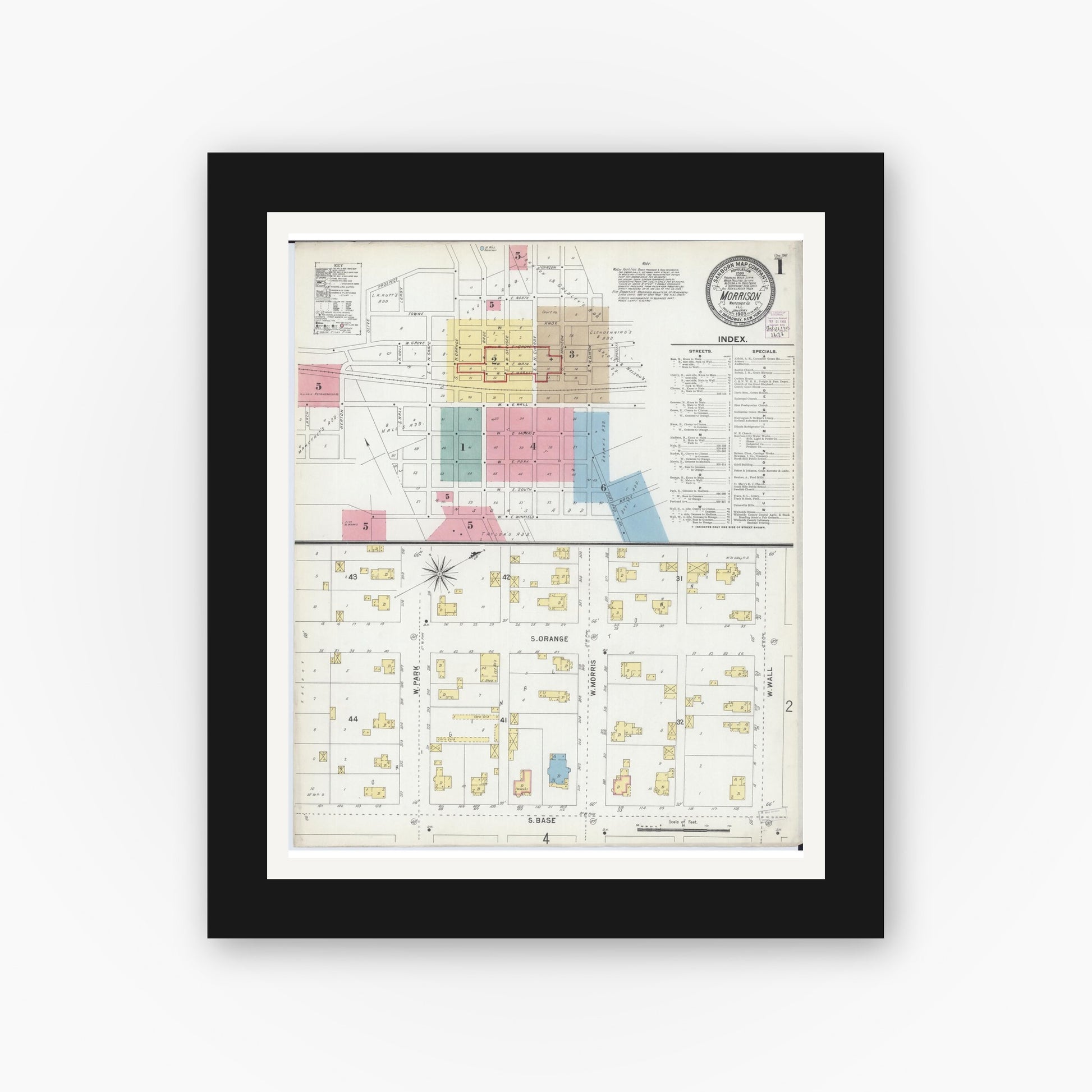 Old map wall art mockup — black gallery frame with white mat — Sanborn Fire Insurance Map from Morrison, Whiteside County, Illinois (1903) - Complete Map Set
