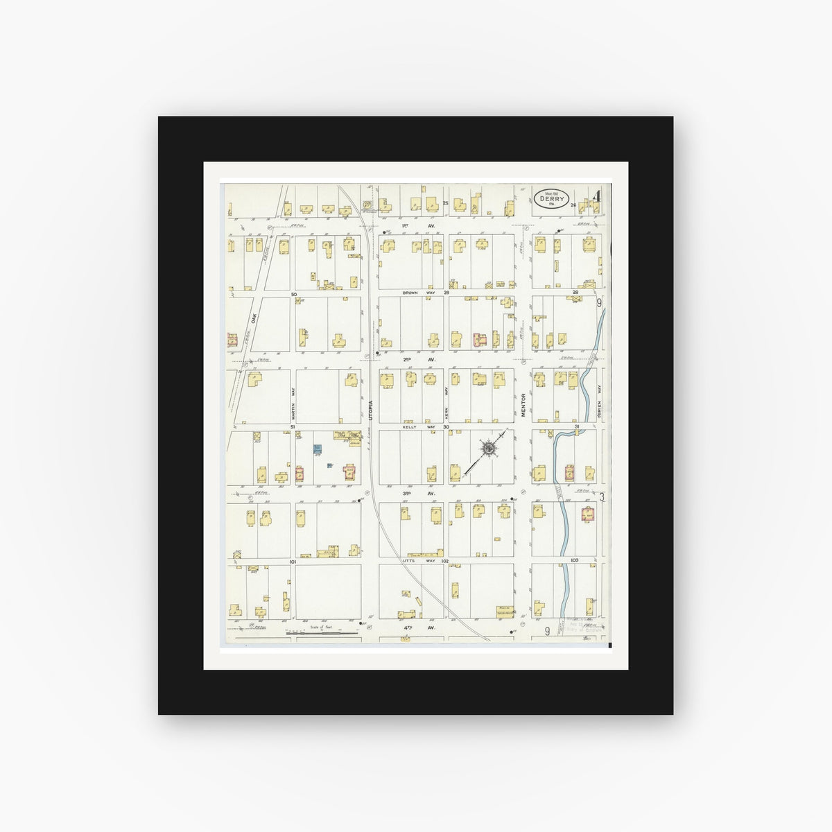 Old map wall art mockup — black gallery frame with white mat — Sanborn Fire Insurance Map from Derry, Westmoreland County, Pennsylvania (1911), Sheet #0004