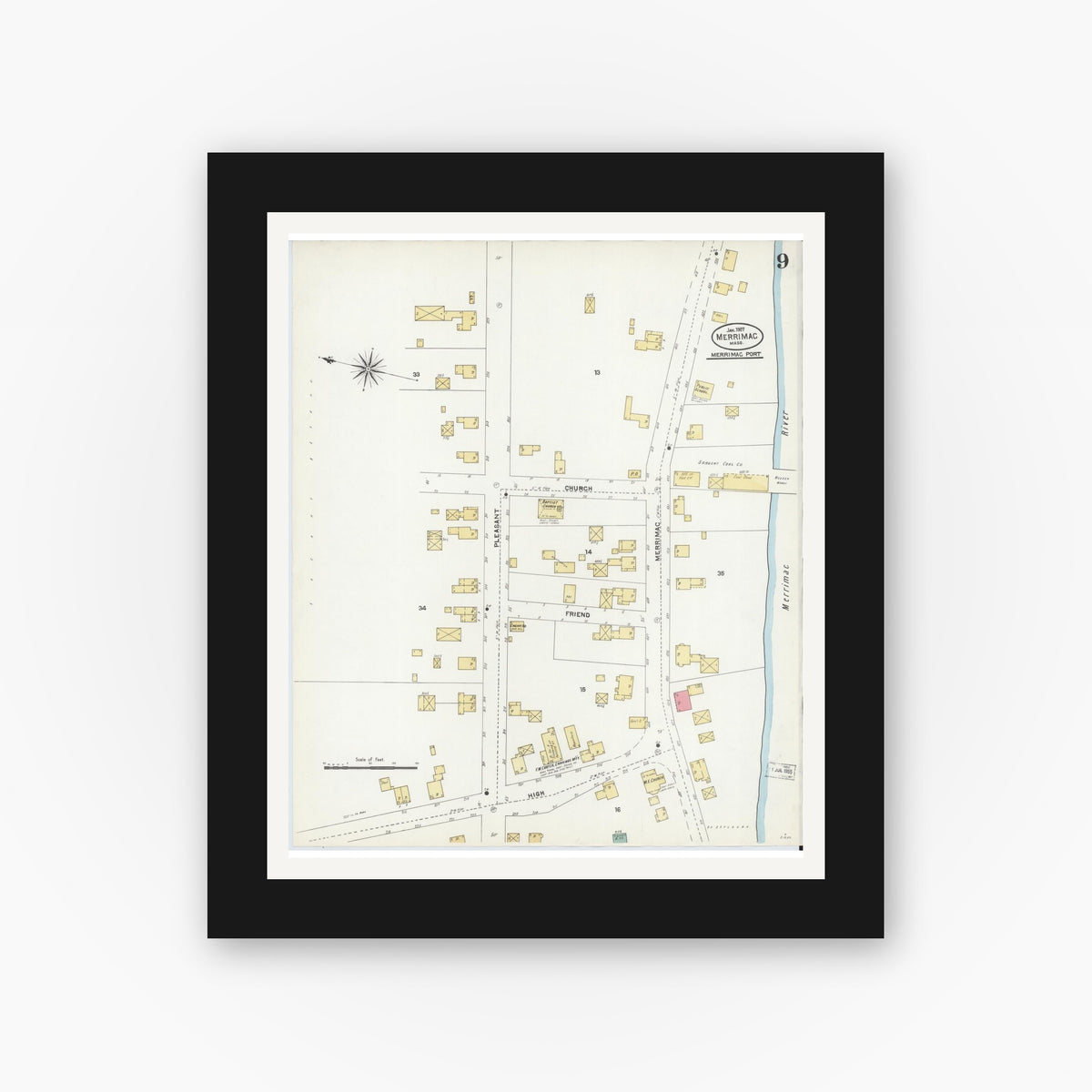 Old map wall art mockup — black gallery frame with white mat — Sanborn Fire Insurance Map from Merrimac, Essex County, Massachusetts (1907), Sheet #0009