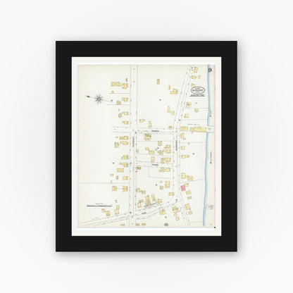 Old map wall art mockup — black gallery frame with white mat — Sanborn Fire Insurance Map from Merrimac, Essex County, Massachusetts (1907), Sheet #0009