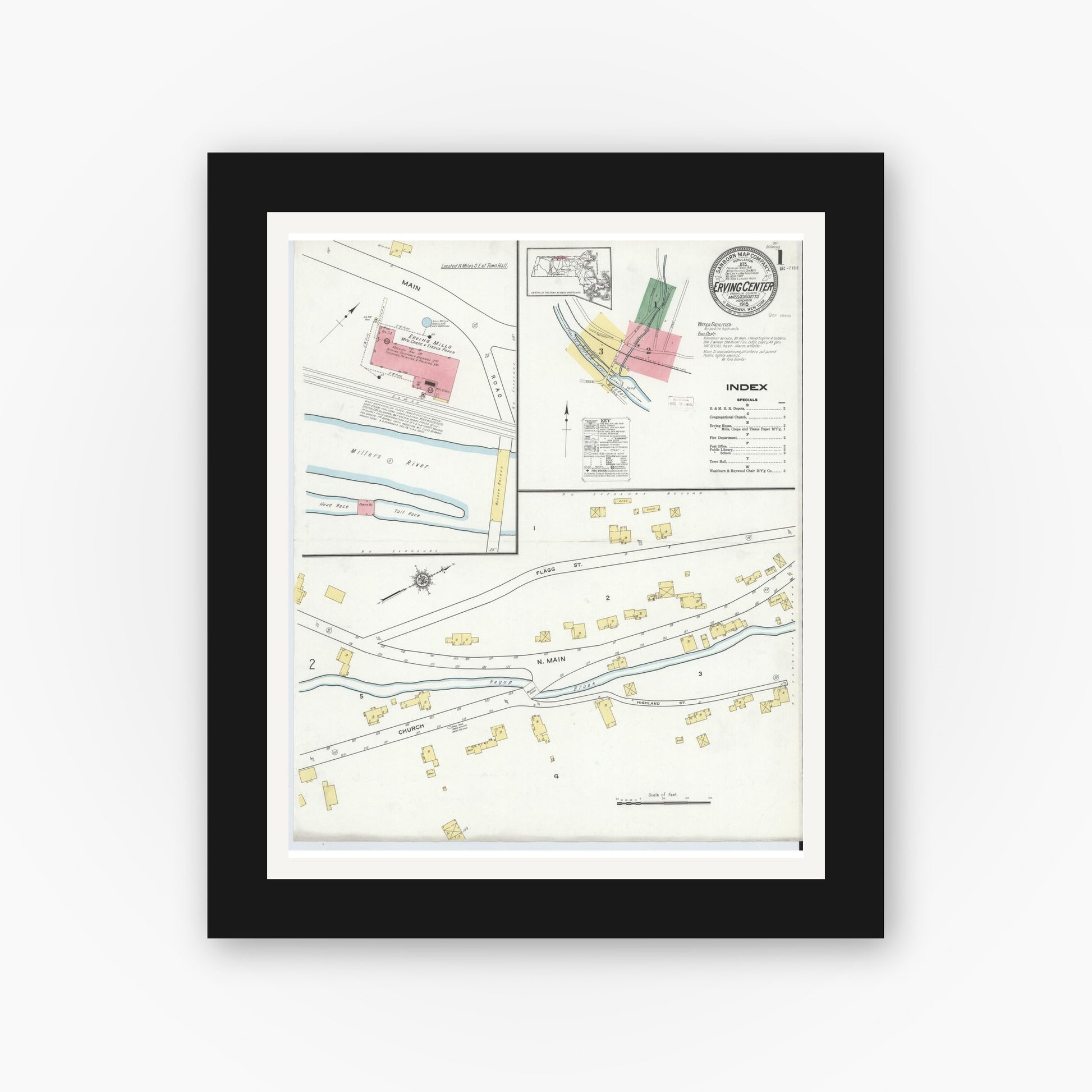 Old map wall art mockup — black gallery frame with white mat — Sanborn Fire Insurance Map from Erving Center, Franklin County, Massachusetts (1915), Sheet #0001
