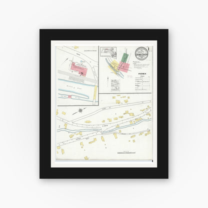 Old map wall art mockup — black gallery frame with white mat — Sanborn Fire Insurance Map from Erving Center, Franklin County, Massachusetts (1915), Sheet #0001