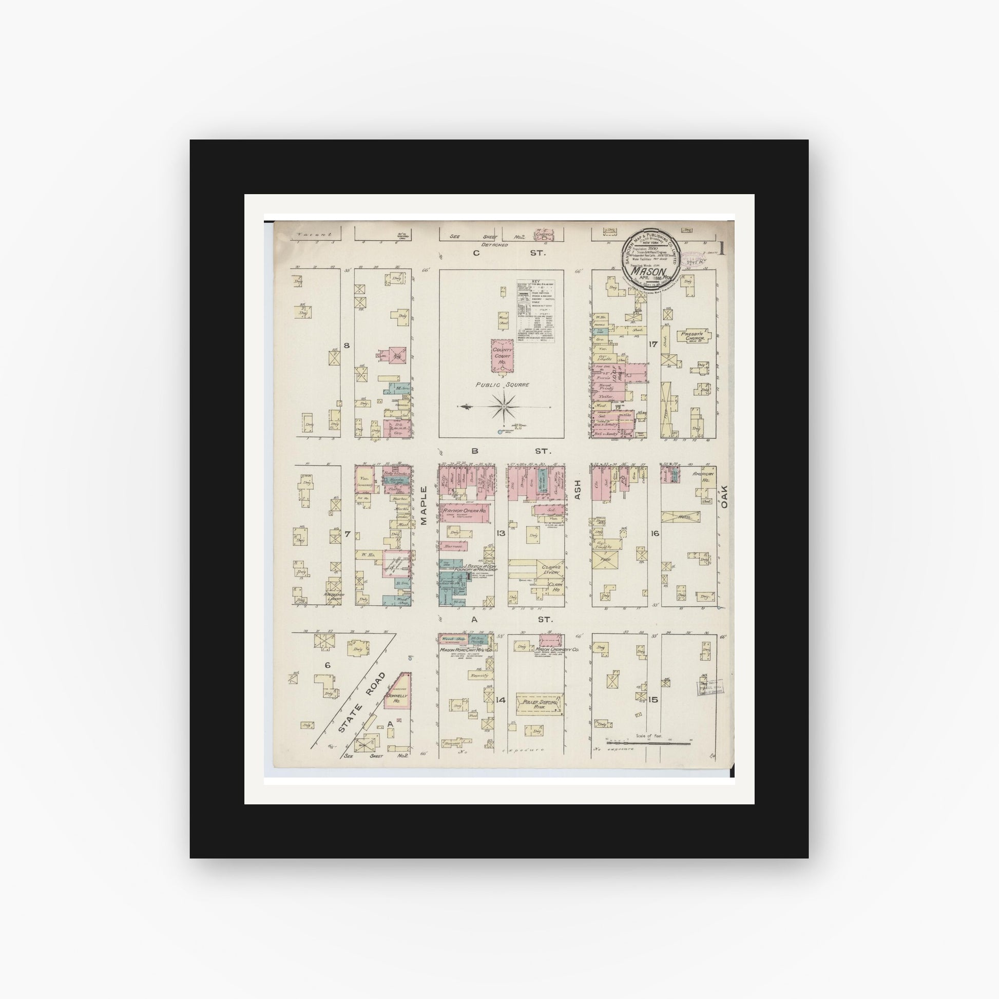 Old map wall art mockup — black gallery frame with white mat — Sanborn Fire Insurance Map from Mason, Ingham County, Michigan (1889) - Complete Map Set