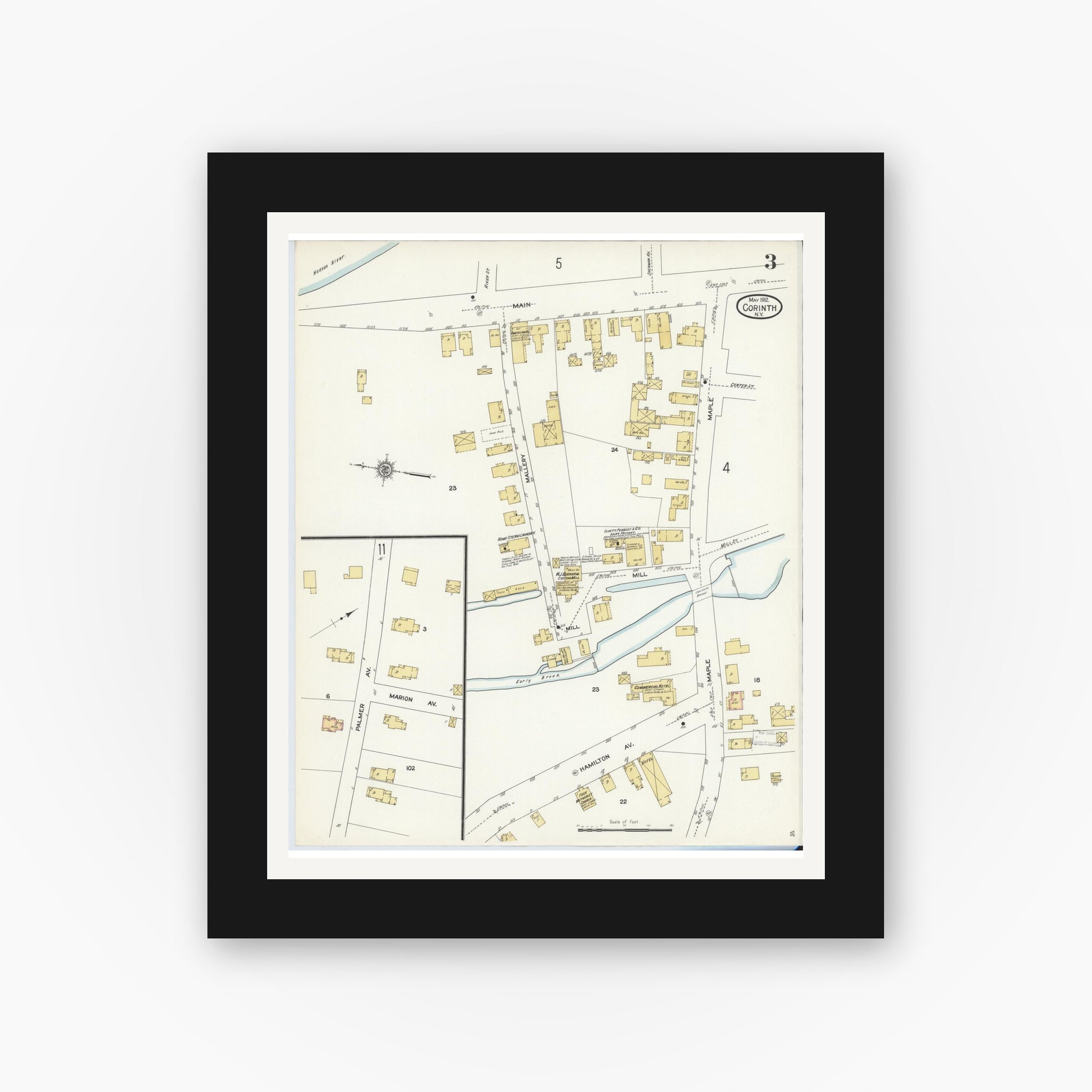 Old map wall art mockup — black gallery frame with white mat — Sanborn Fire Insurance Map from Corinth, Saratoga County, New York (1912), Sheet #0003