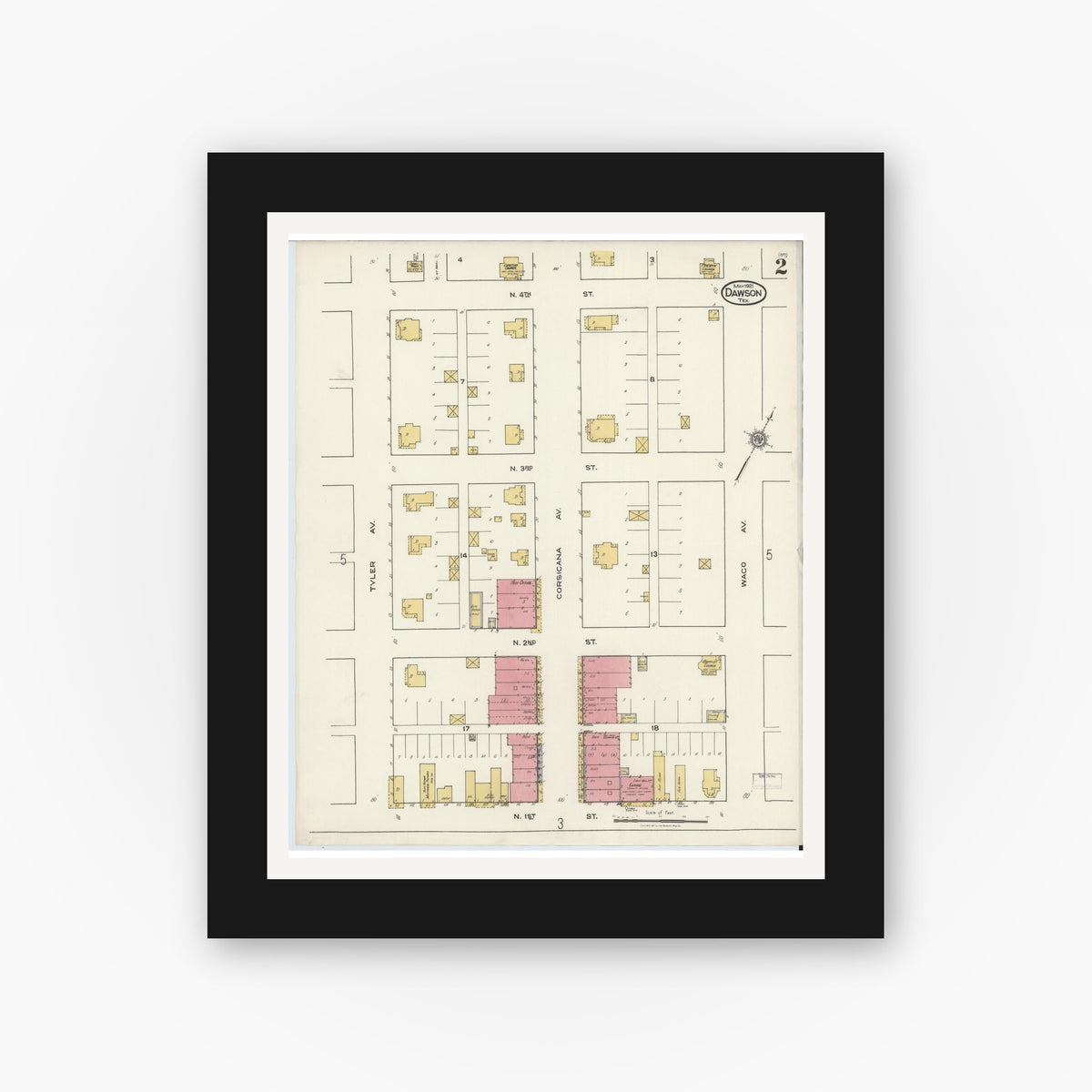 Old map wall art mockup — black gallery frame with white mat — Sanborn Fire Insurance Map from Dawson, Navarro County, Texas (1921), Sheet #0002