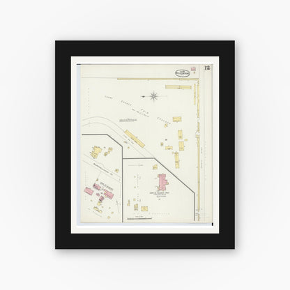Old map wall art mockup — black gallery frame with white mat — Sanborn Fire Insurance Map from Bellefontaine, Logan County, Ohio (1896), Sheet #0012