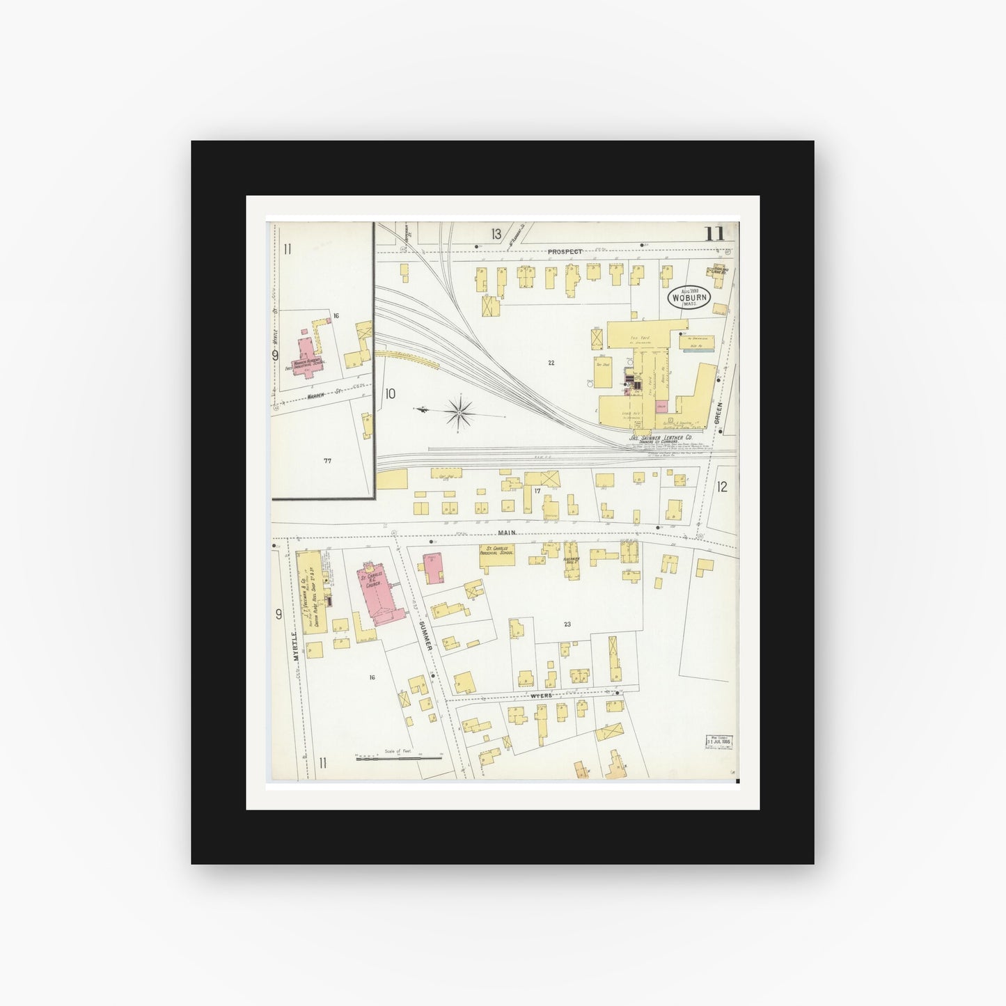 Old map wall art mockup — black gallery frame with white mat — Sanborn Fire Insurance Map from Woburn, Middlesex County, Massachusetts (1899), Sheet #0011