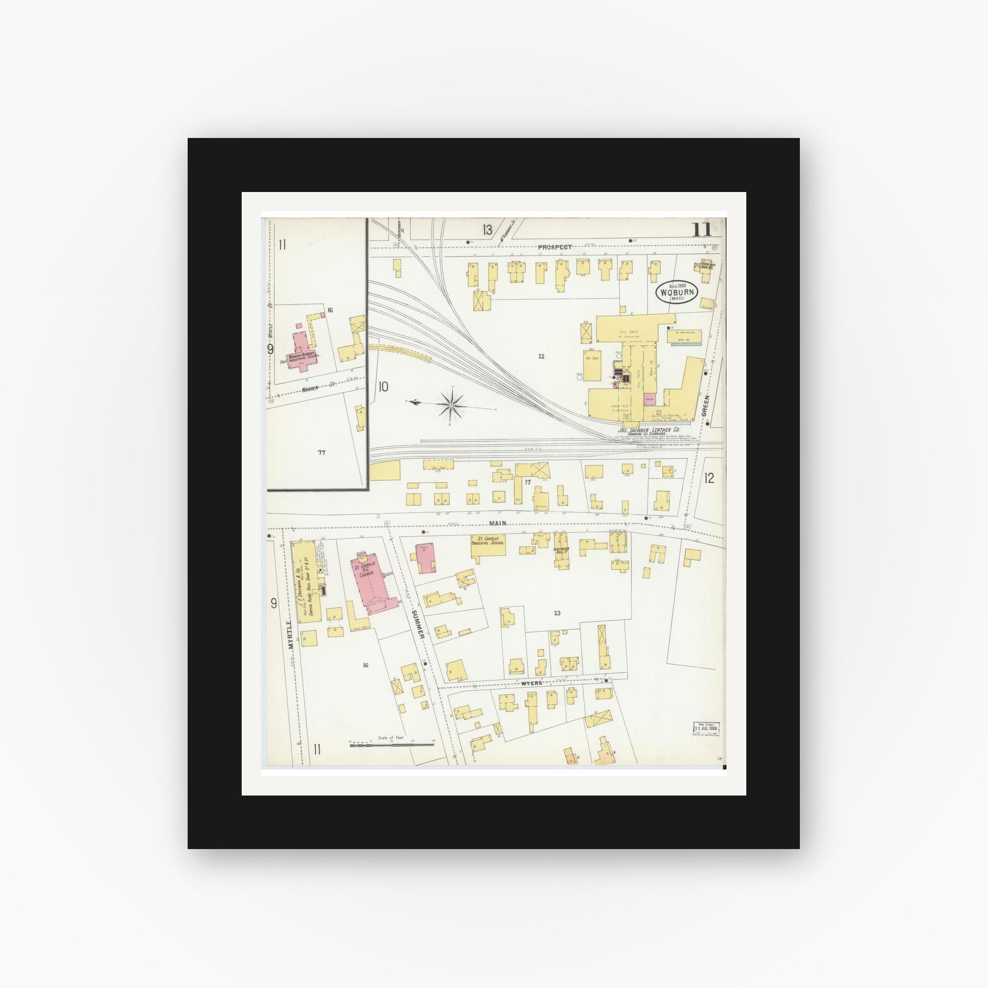 Old map wall art mockup — black gallery frame with white mat — Sanborn Fire Insurance Map from Woburn, Middlesex County, Massachusetts (1899), Sheet #0011