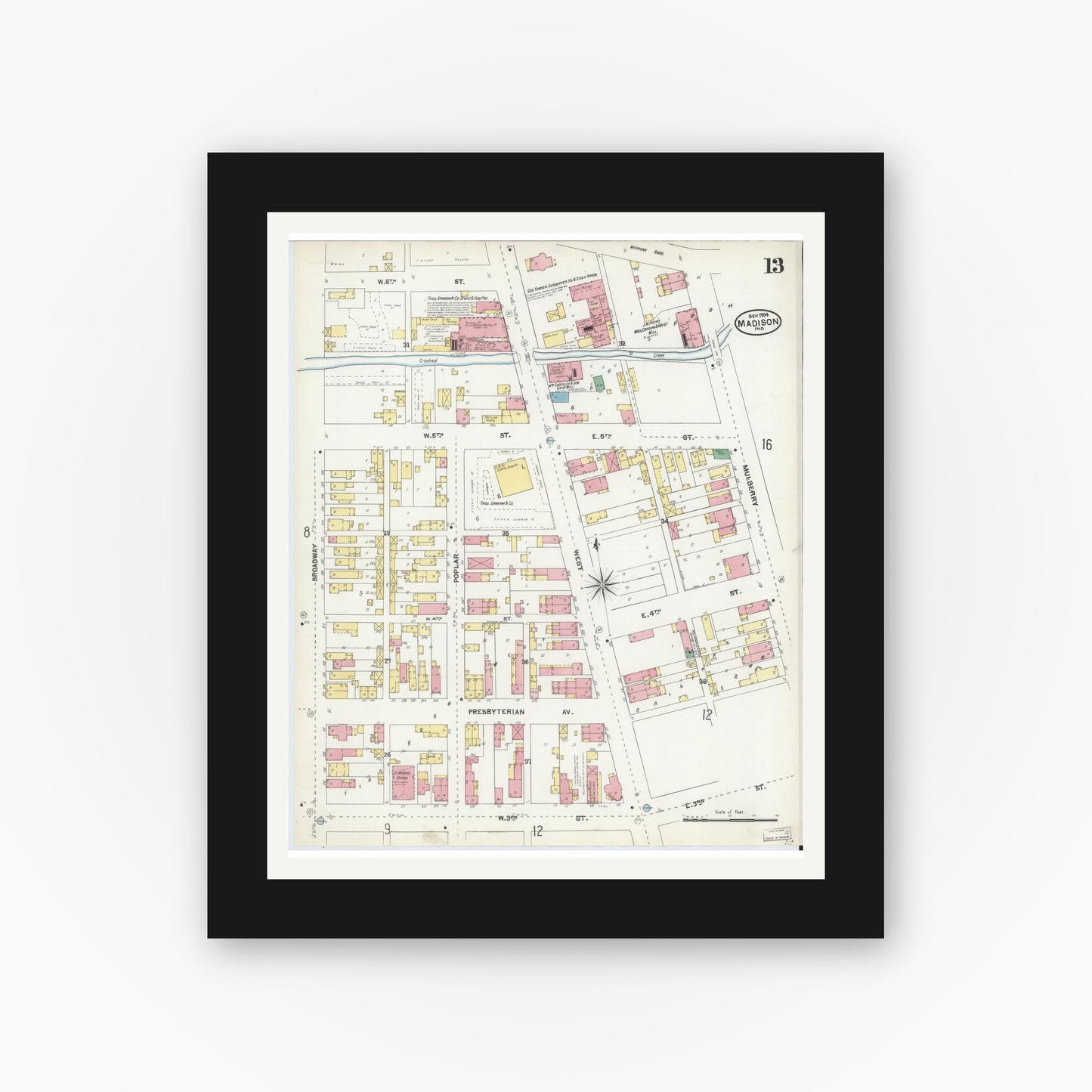 Old map wall art mockup — black gallery frame with white mat — Sanborn Fire Insurance Map from Madison, Jefferson County, Indiana (1904), Sheet #0013